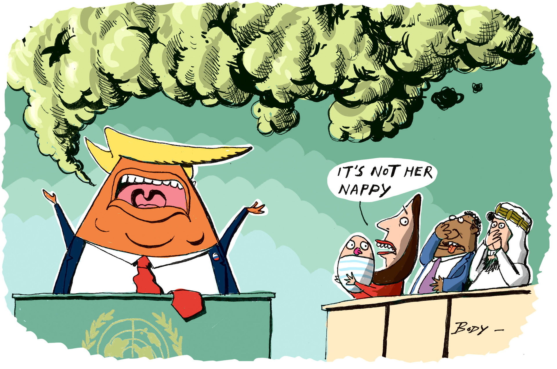 Jacinda Ardern takes Neve to the UN in 2018. Cartoon / Guy Body