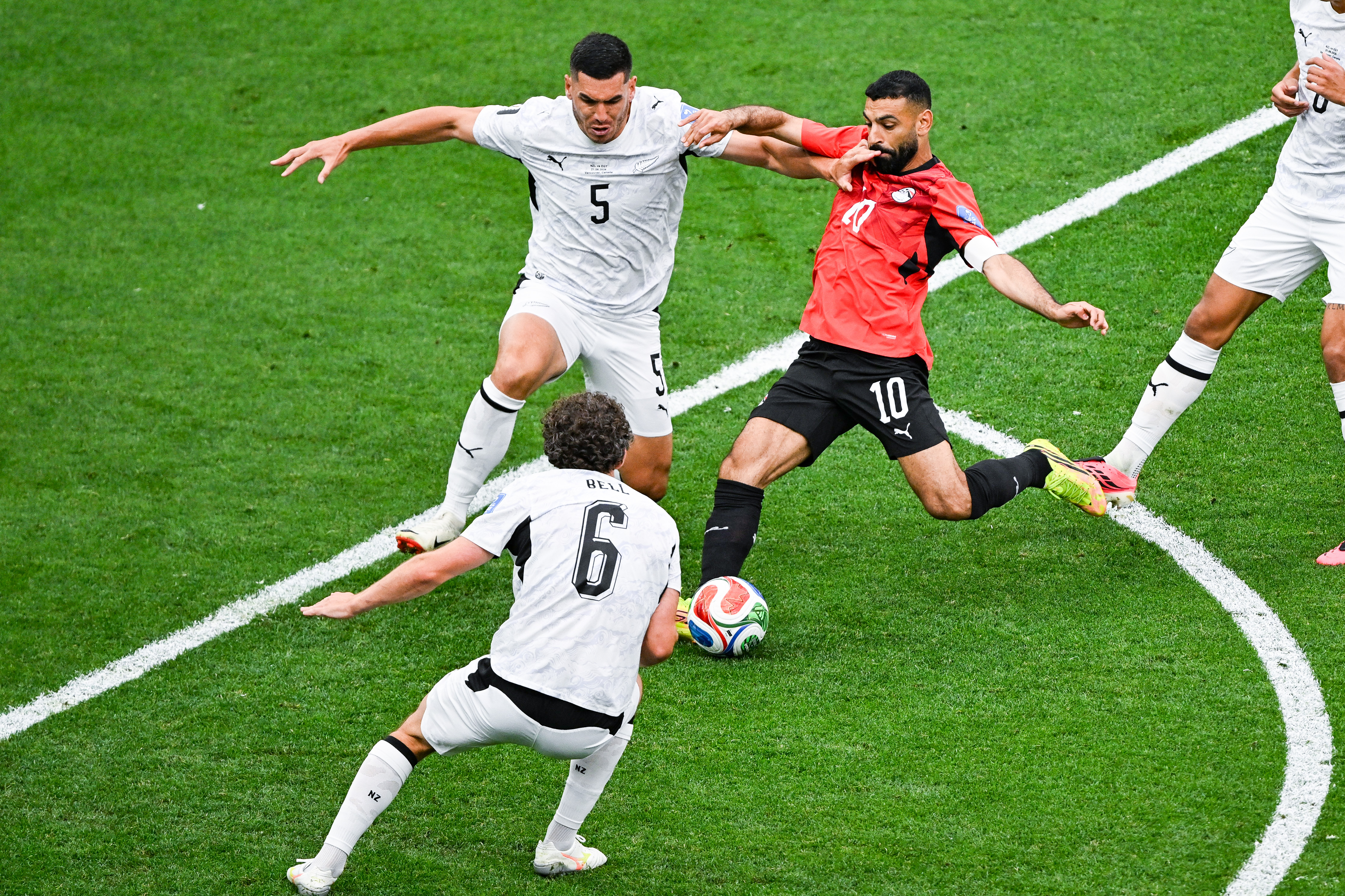 Michael Boxall makes a challenge on Mohamed Salah of Egypt. Photo / Photosport