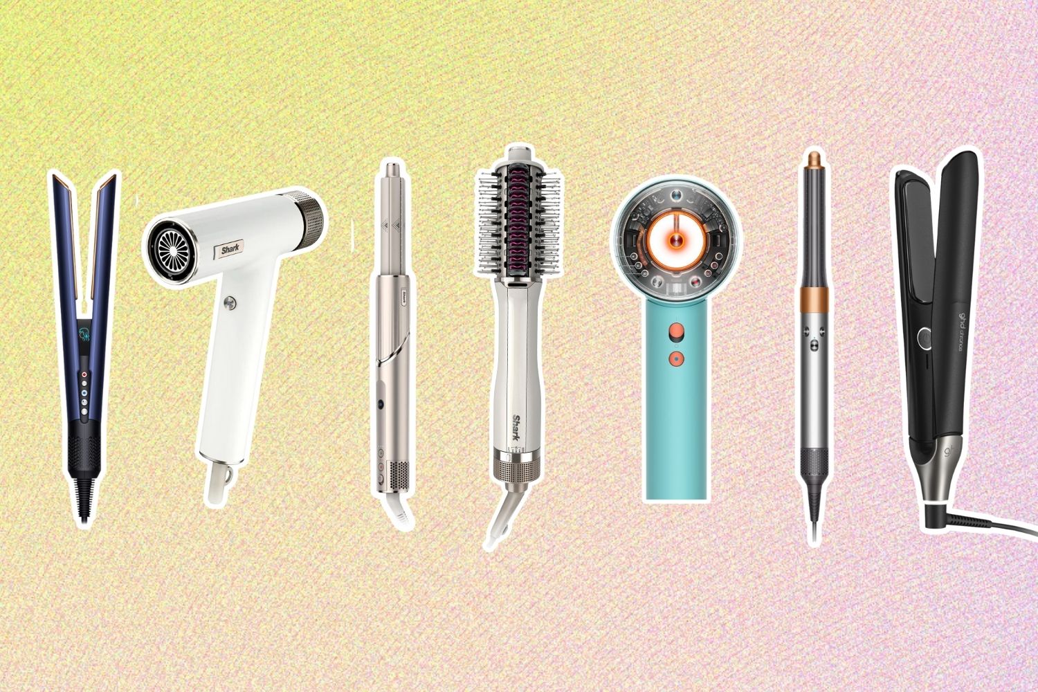 From left: Dyson Airstrait Straightener; Shark SpeedStyle RapidGloss Finisher & High-Velocity Dryer; Shark SmoothStyle Heated Comb Straightener & Smoother; Shark FlexStyle Air Styling & Drying System; Dyson Supersonic Nural Hair Dryer; Dyson Airwrap Multi-Styler; Ghd Chronos Hair Straightener.