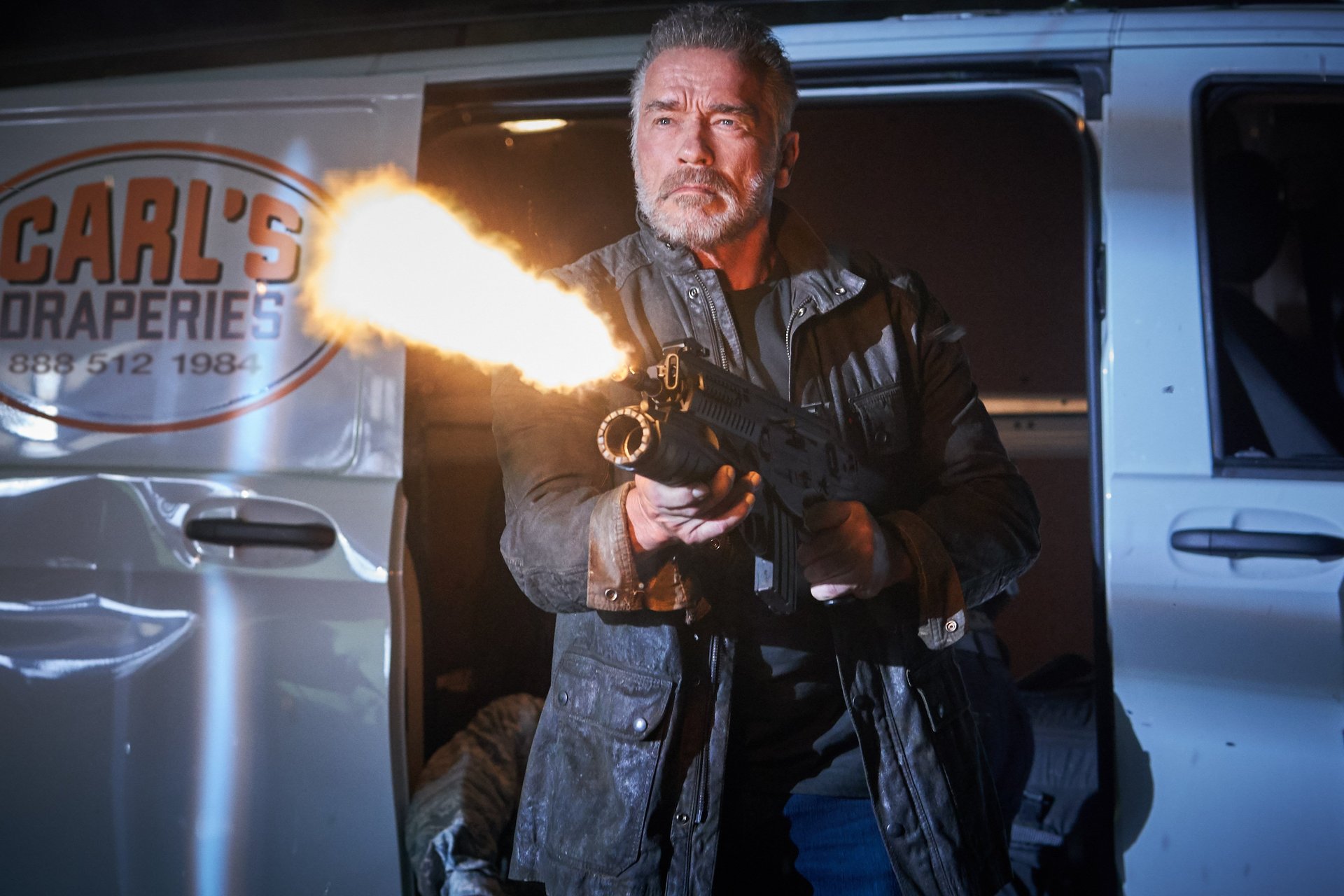 Arnold Schwarzenegger doing what he does best in Terminator: Dark Fate. Photo / Supplied.