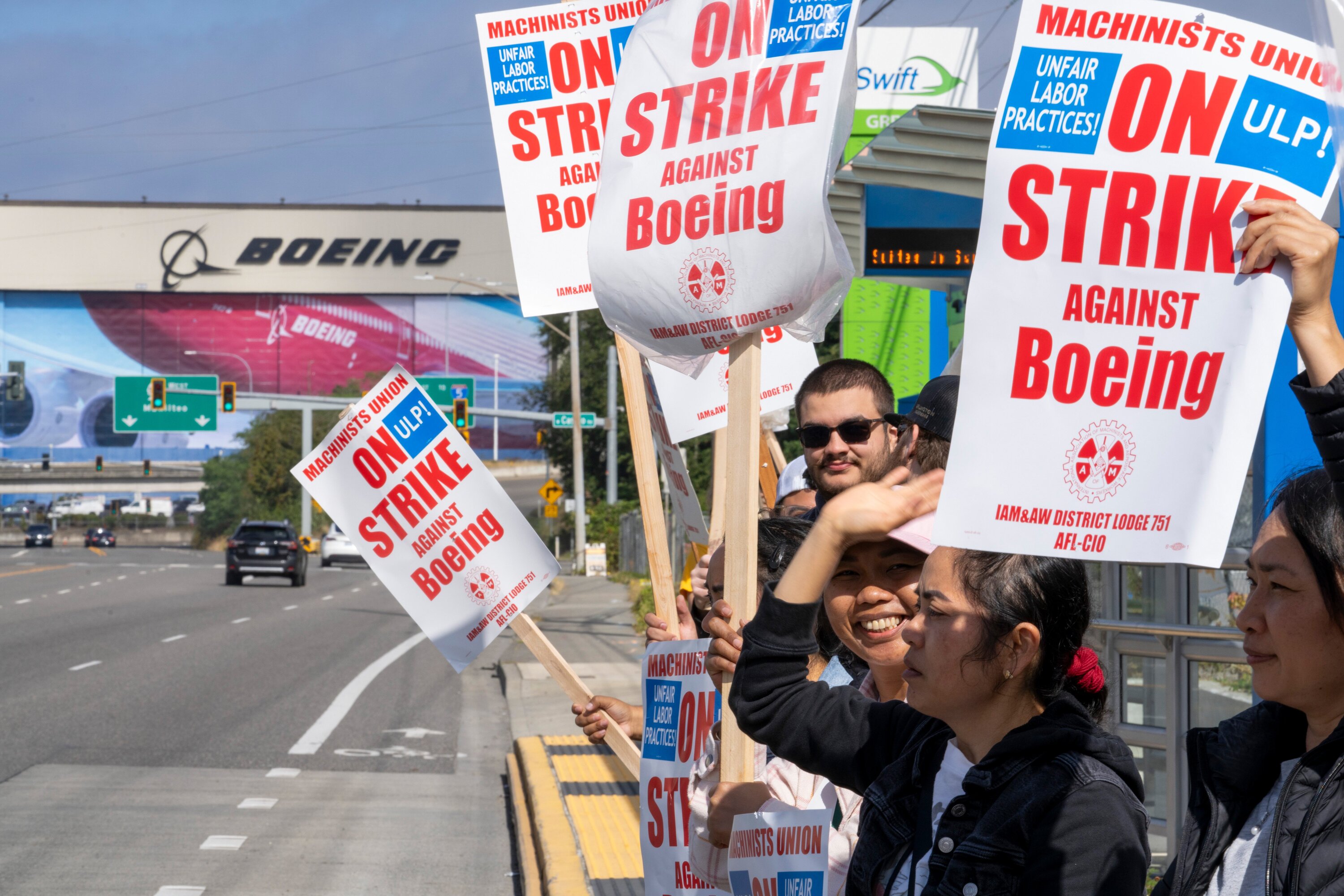 Workers picketing outside a Boeing facility during a strike in Everett, Washington, in September. Photo / M. Scott Brauer, Bloomberg via Getty Images