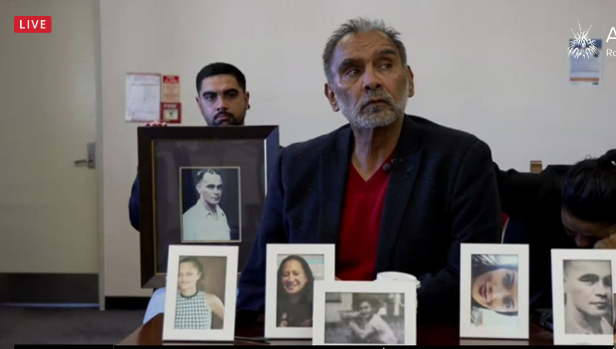 Once a hardened gang chief, Paora Sweeney - supported by his son - broke down at times during evidence to the Royal Commission of Inquiry into Abuse in Care, Māori hearings. Photo / Supplied