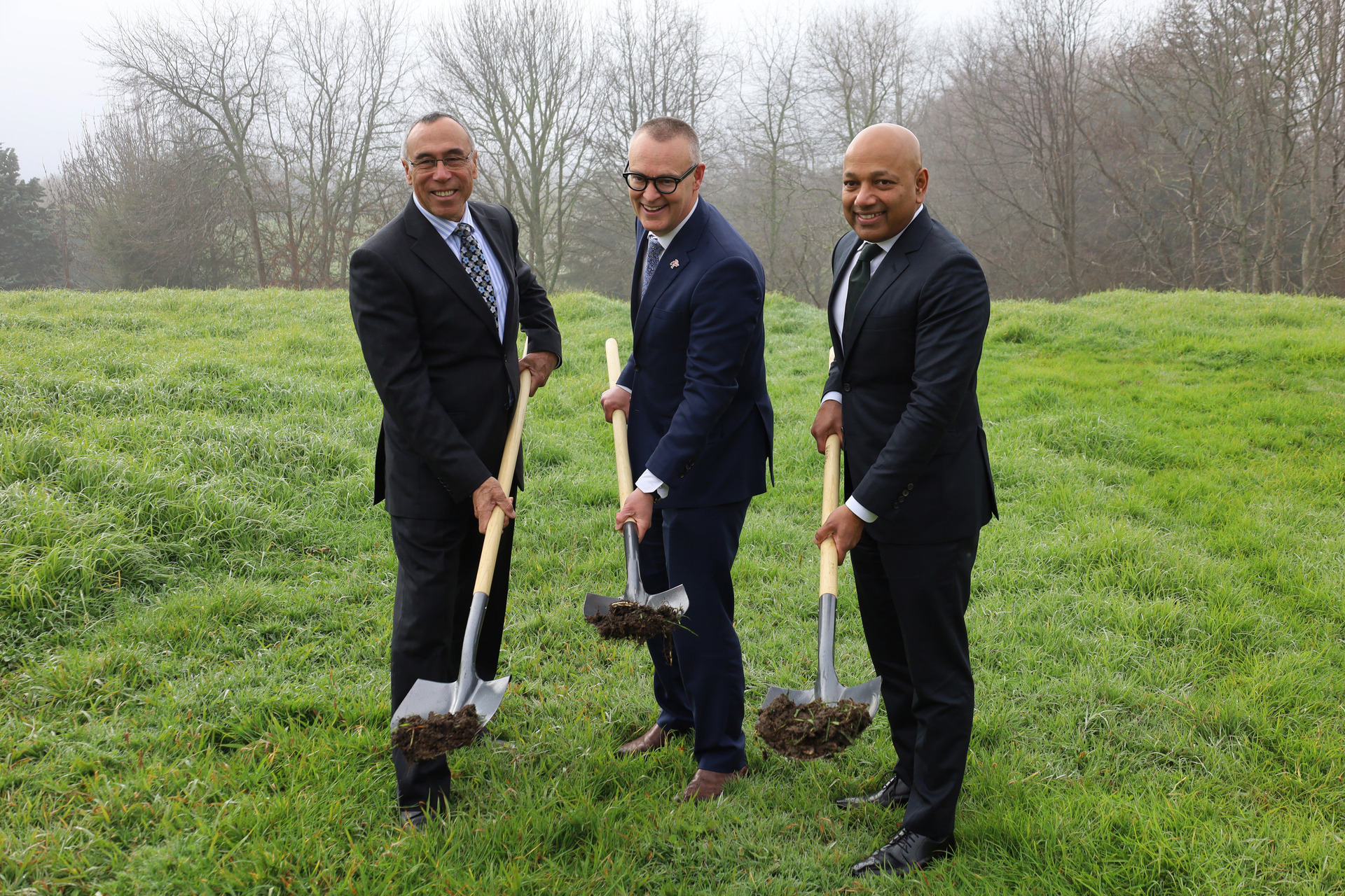 From left: DCI Data Centres CEO Malcolm Roe, Digital Economy Minister David Clark and Brookfield managing director and DCI chairman Udhay Mathialagan at the sod-turning for DCI's $400m data centre campus in Albany. Photo / Jed Bradley