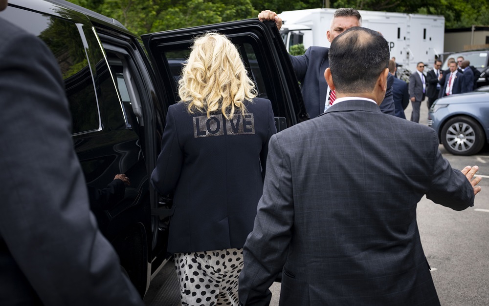 First Lady Jill Biden wears a jacket with the word Love on the back after having tea with Carrie Johnson, the wife of then-Prime Minister Boris Johnson of Britain in 2021. Photo / New York Times