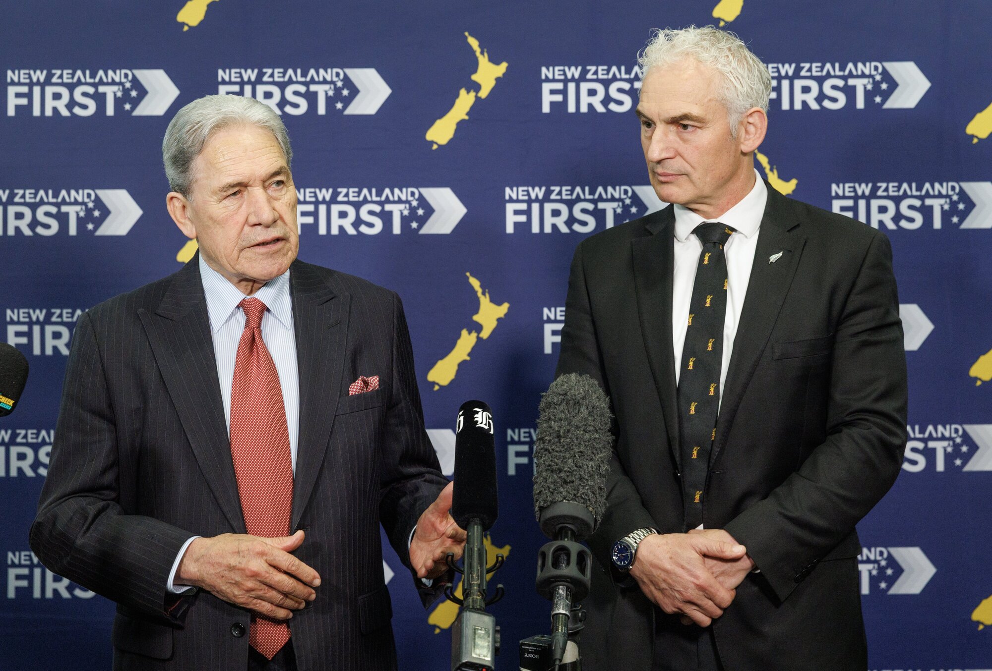 New Zealand First leader Winston Peters (left) fronted media alongside Stuart Nash at his party's 2025 convention. Photo / Mark Mitchell