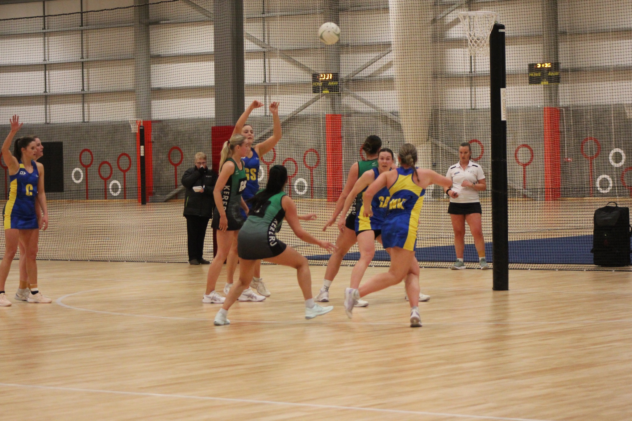Lincoln University A (blue/yellow) in action during their 49-43 semifinal win over previously undefeated Kereru A. Photo / Facebook