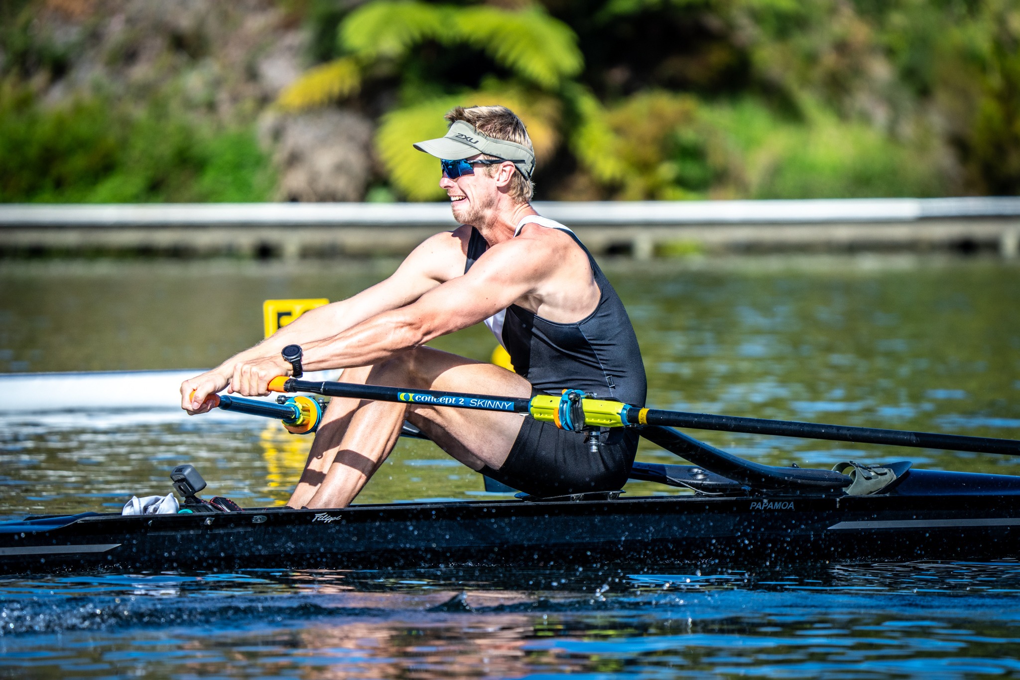 Hawke's Bay's Tom Mackintosh powers his way to victory in the national premier men's single scull. Photo / Photosport