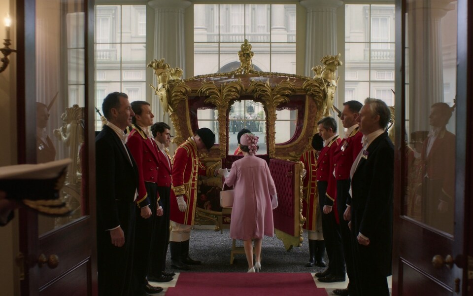 The Crown recreated Sir William Chambers’ Rococo 1760 Gold State Coach. Photo / Netflix