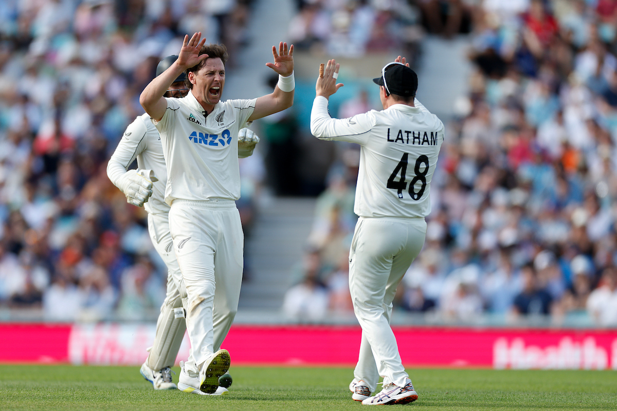 Matt Henry celebrates the wicket of England captain Joe Root at The Oval. Photo / Photosport