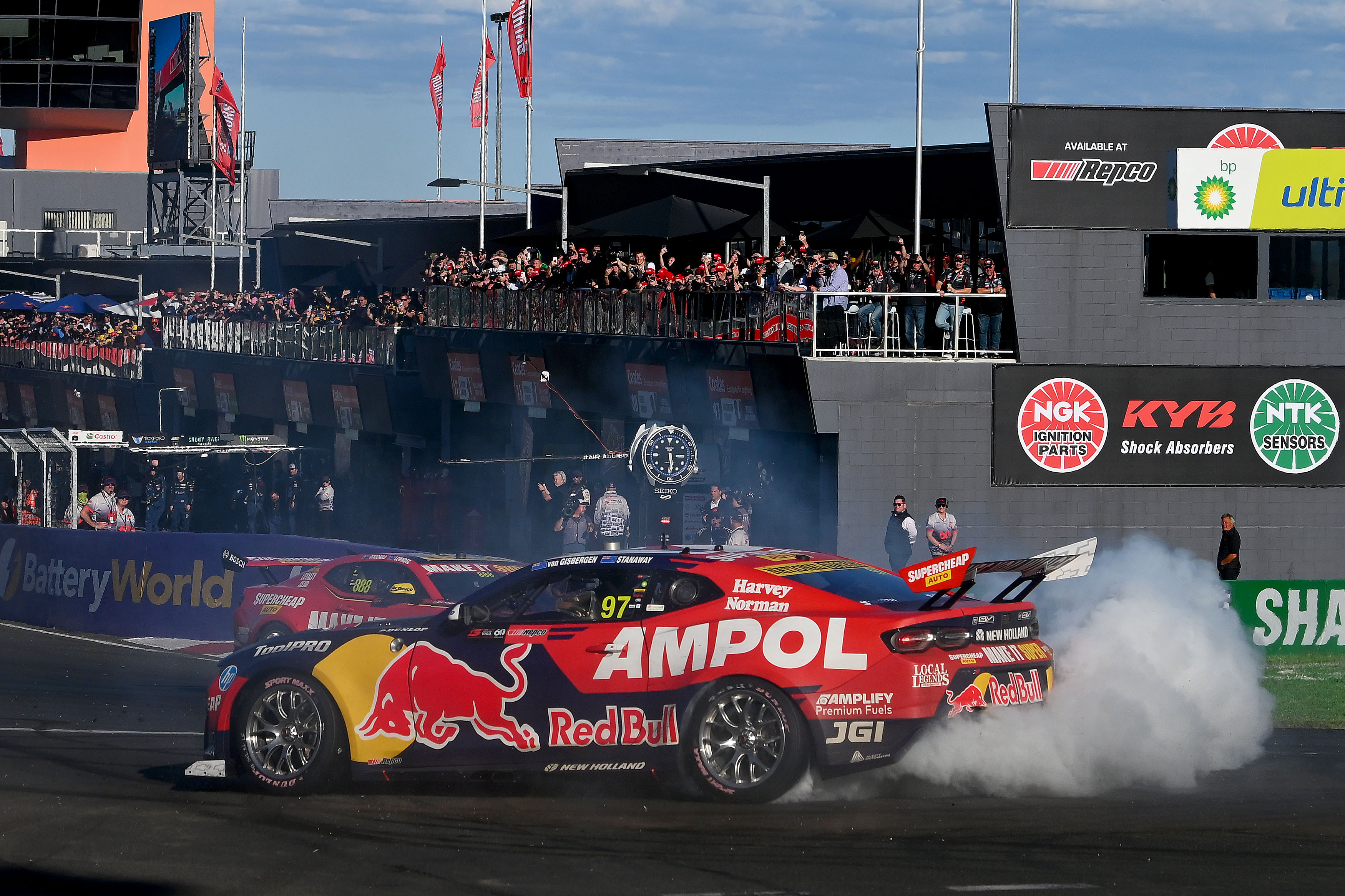 Shane van Gisbergen celebrated with burnouts after he and Richie Stanaway won the Bathurst 1000. Photo / Getty Images