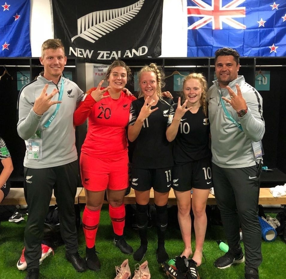 Members of the WaiBOP womens U17 Football Ferns. From left: Goalkeeper coach Max Tommy, Georgia Candy, Kelli Brown, Grace Wisnewski and WaiBOP head coach Michael Mayne. Photo / Facebook
