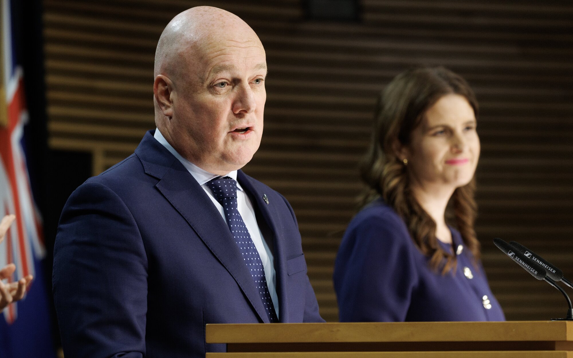 Christopher Luxon and Nicola Willis - or Fisher and Paykel, according to Labour leader Chris Hipkins - during the post-Cabinet Press conference at Parliament. Photo / Mark Mitchell