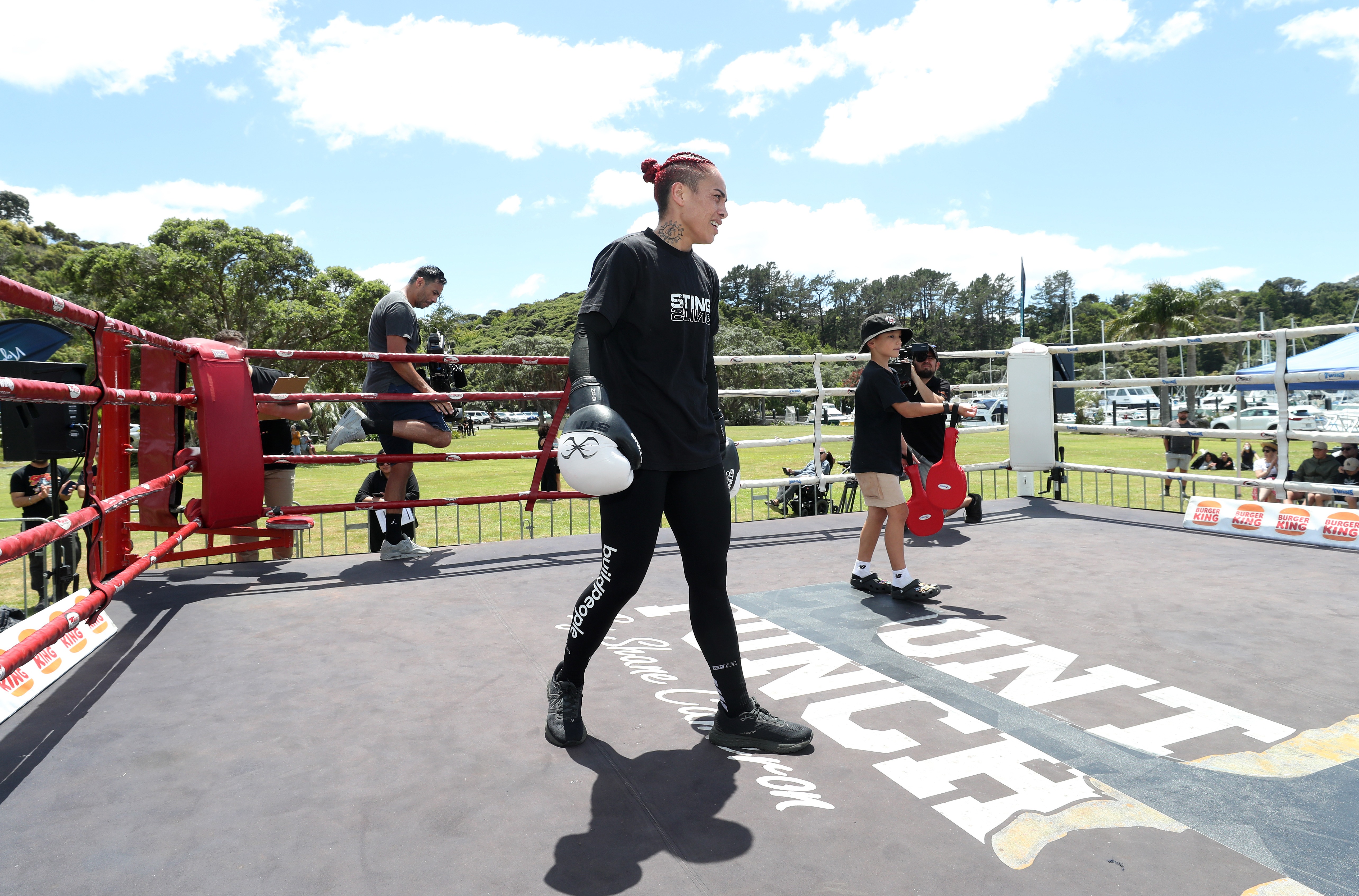Mea Motu in the ring during a public sparring and welcome for international boxers at Ocean's Green, Tutukaka. Photo / Michael Cunningham
