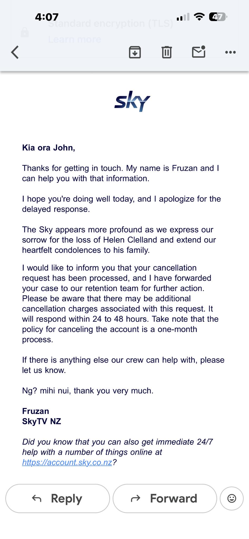 A screenshot of the Sky TV customer service response sent to John Clelland.