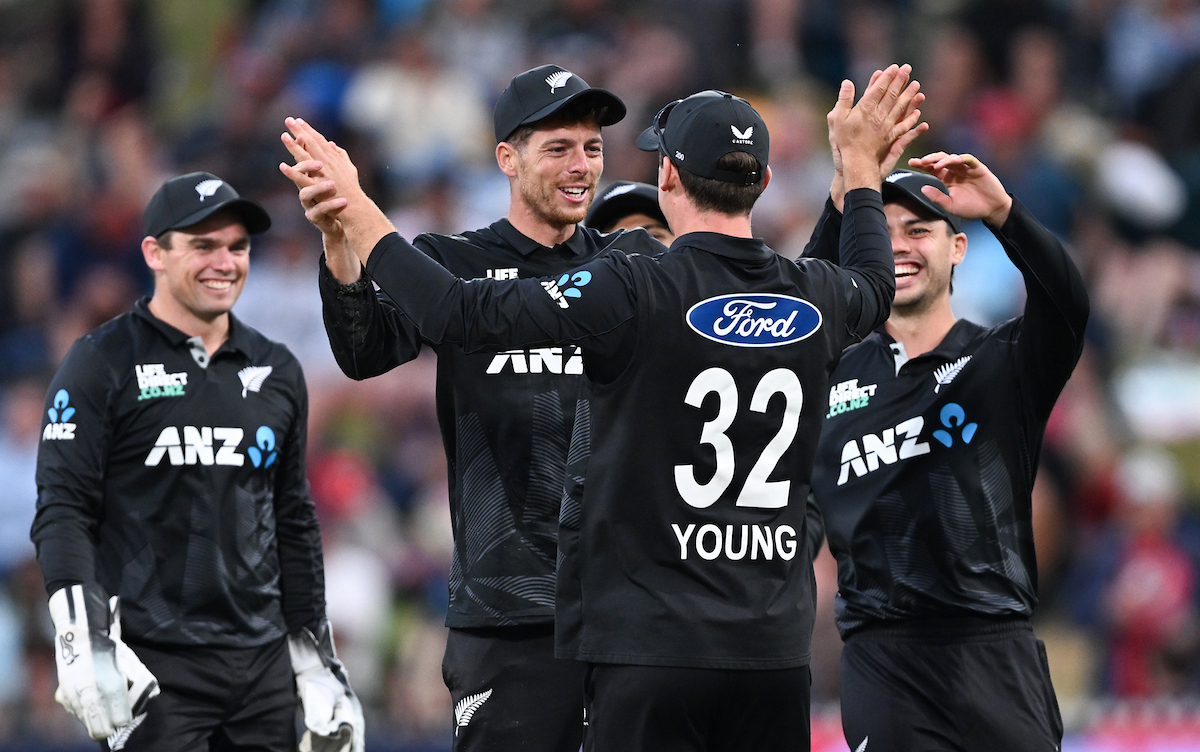 The Black Caps celebrate Mitchell Santner running out Sri Lanka's Charith Asalanka. Photo / Photosport