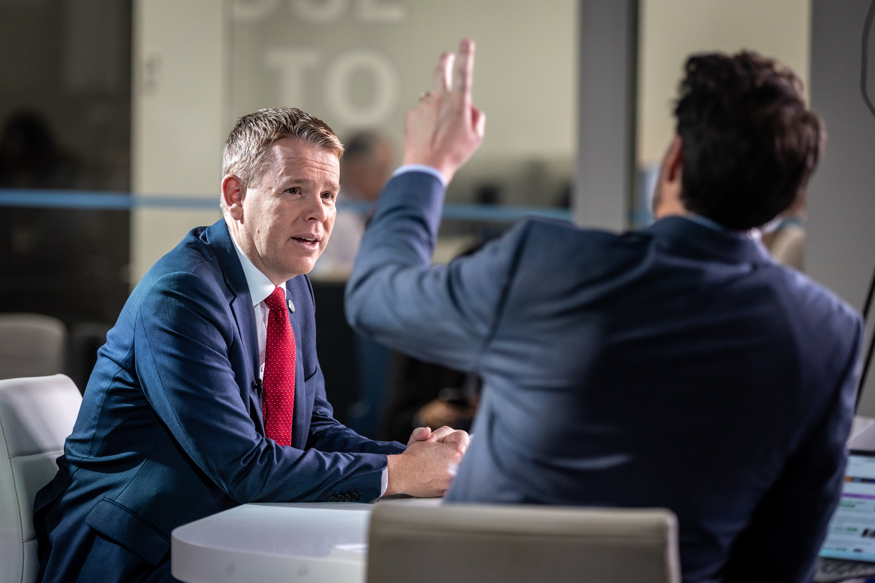 Labour leader Chris Hipkins, appearing on the NZME-owned Herald NOW show with Ryan Bridge. Photo / Michael Craig