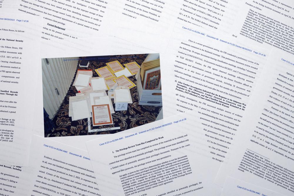 Pages from a Department of Justice court filing in August last year. Photo / AP