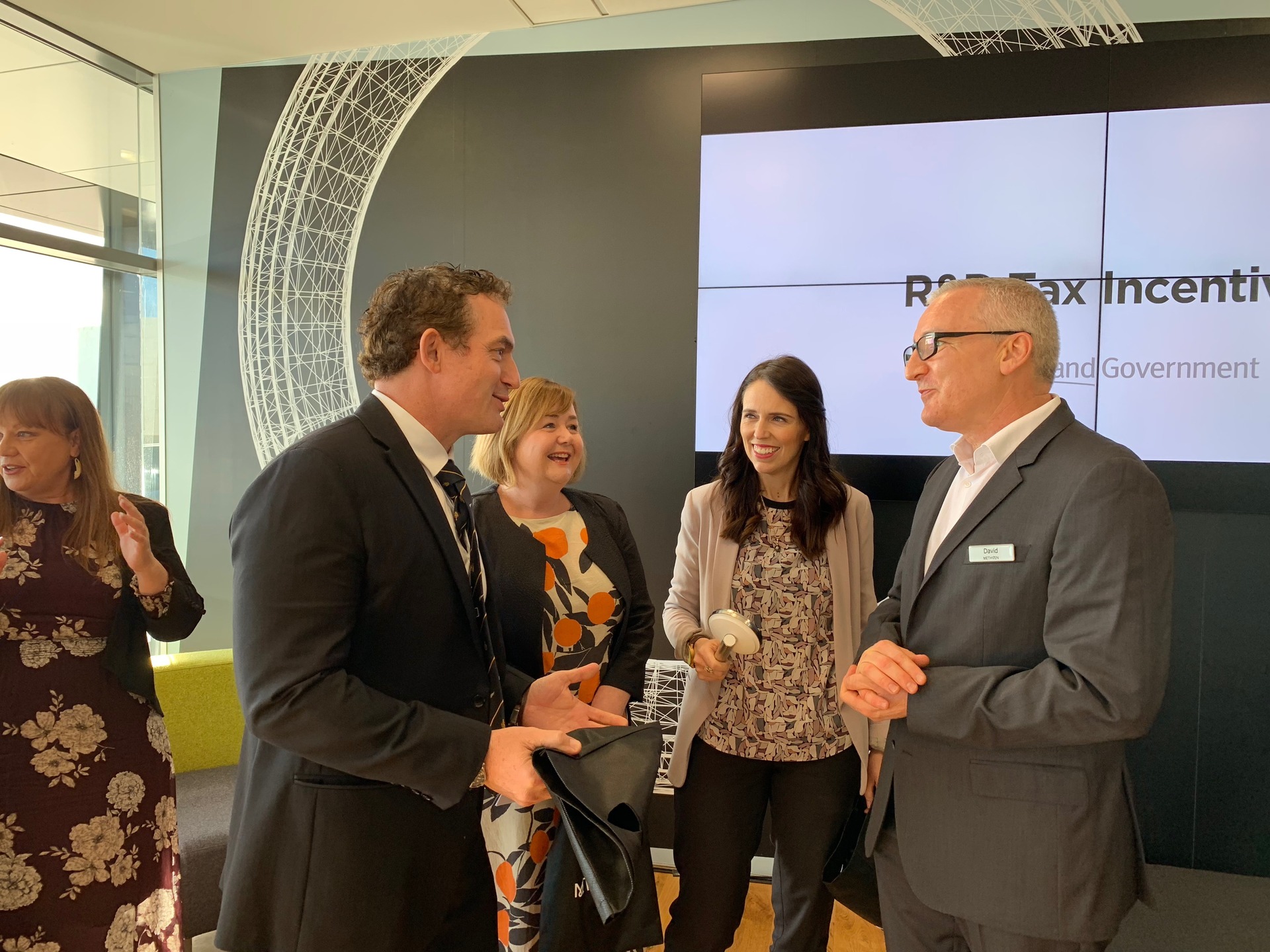 L-R: Revenue Minster Stuart Nash, R&D Minister Megan Woods, Prime Minister Jacinda Ardern and Methven chief executive David Banfield at this morning's announcement. Photo / Chris Keall.