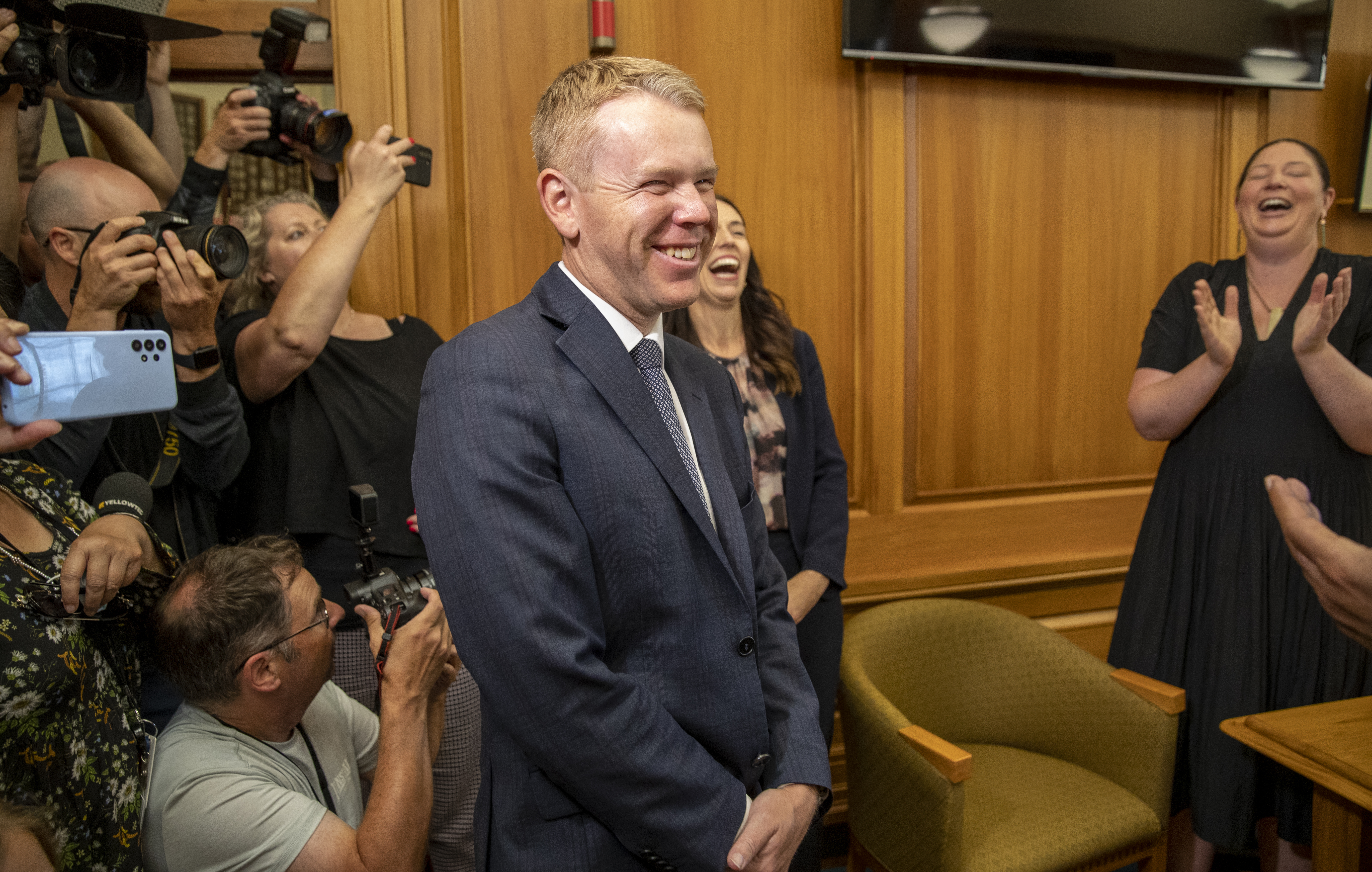 Chris Hipkins arrives at the caucus meeting to be endorsed as Labour leader on January 21. Photo / Mark Mitchell