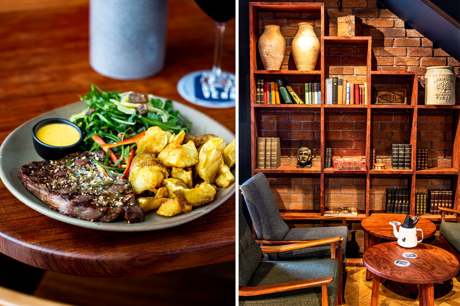 (From left) Scotch fillet with dukkah butter; seating area. Photos / Babiche Martens