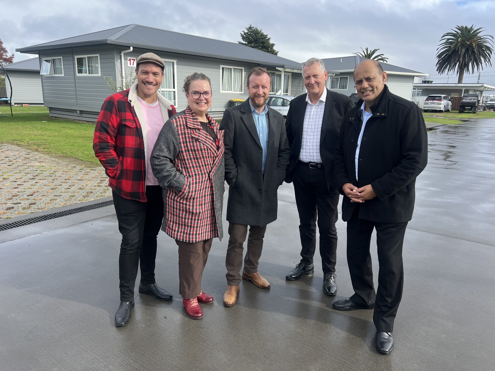 Former Labour MP Tamati Coffey, Labour list MP Jan Tinetti from Tauranga, Labour housing spokesman Kieran McAnulty, Ralph Mosen from Habitat for Humanity and Labour Māori development spokesman Willie Jackson. Photo / Kelly Makiha