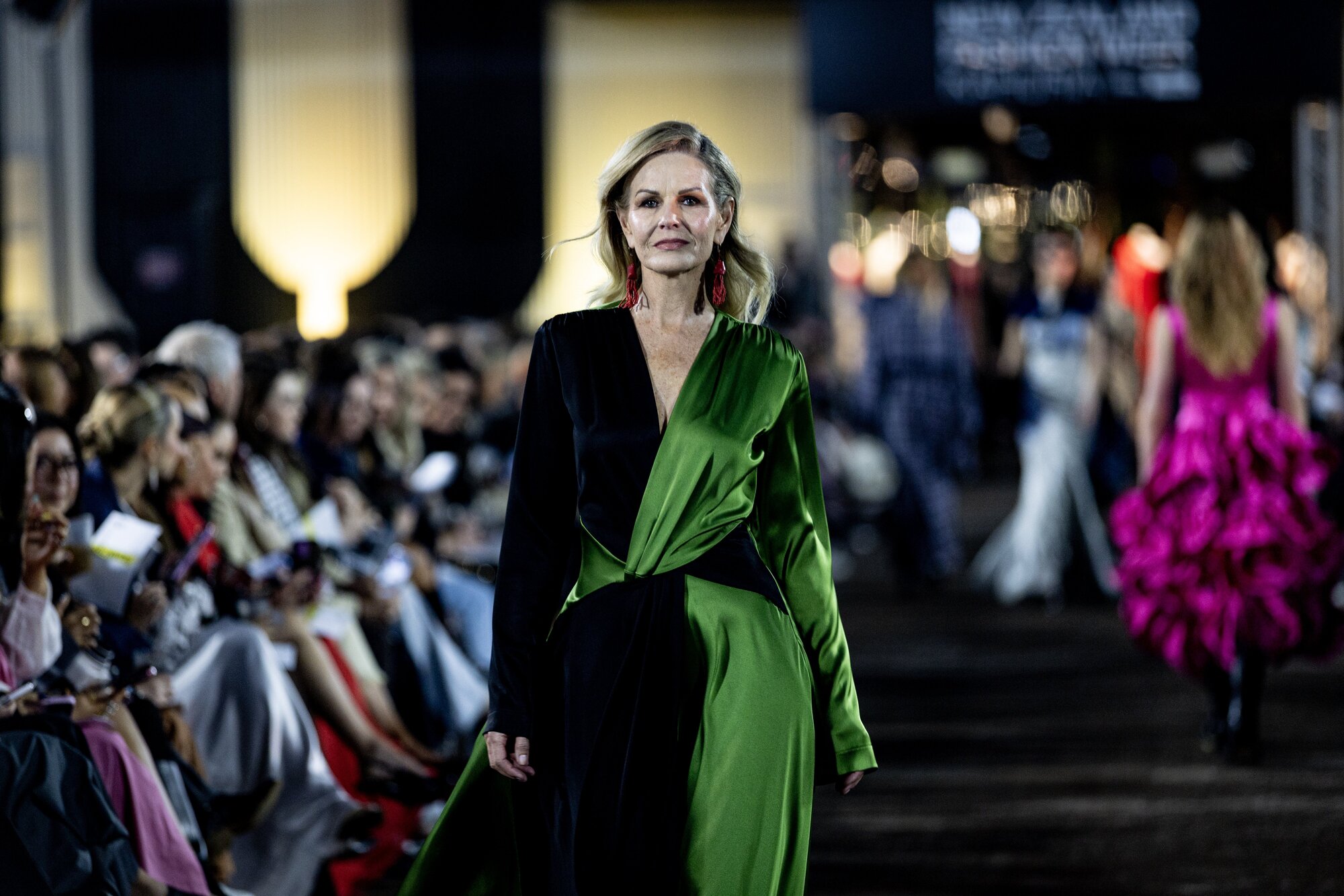 Lorraine Downes walks the runway for NZ Fashion Week's opening show Into the Archives. Photo / Dean Purcell