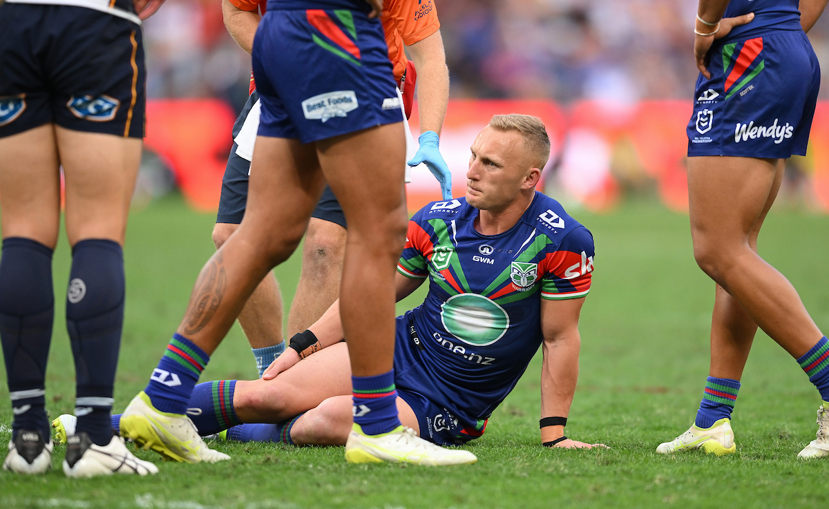 Tanah Boyd is treated for a suspected ACL injury against the Brisbane Broncos. Photo / Photosport