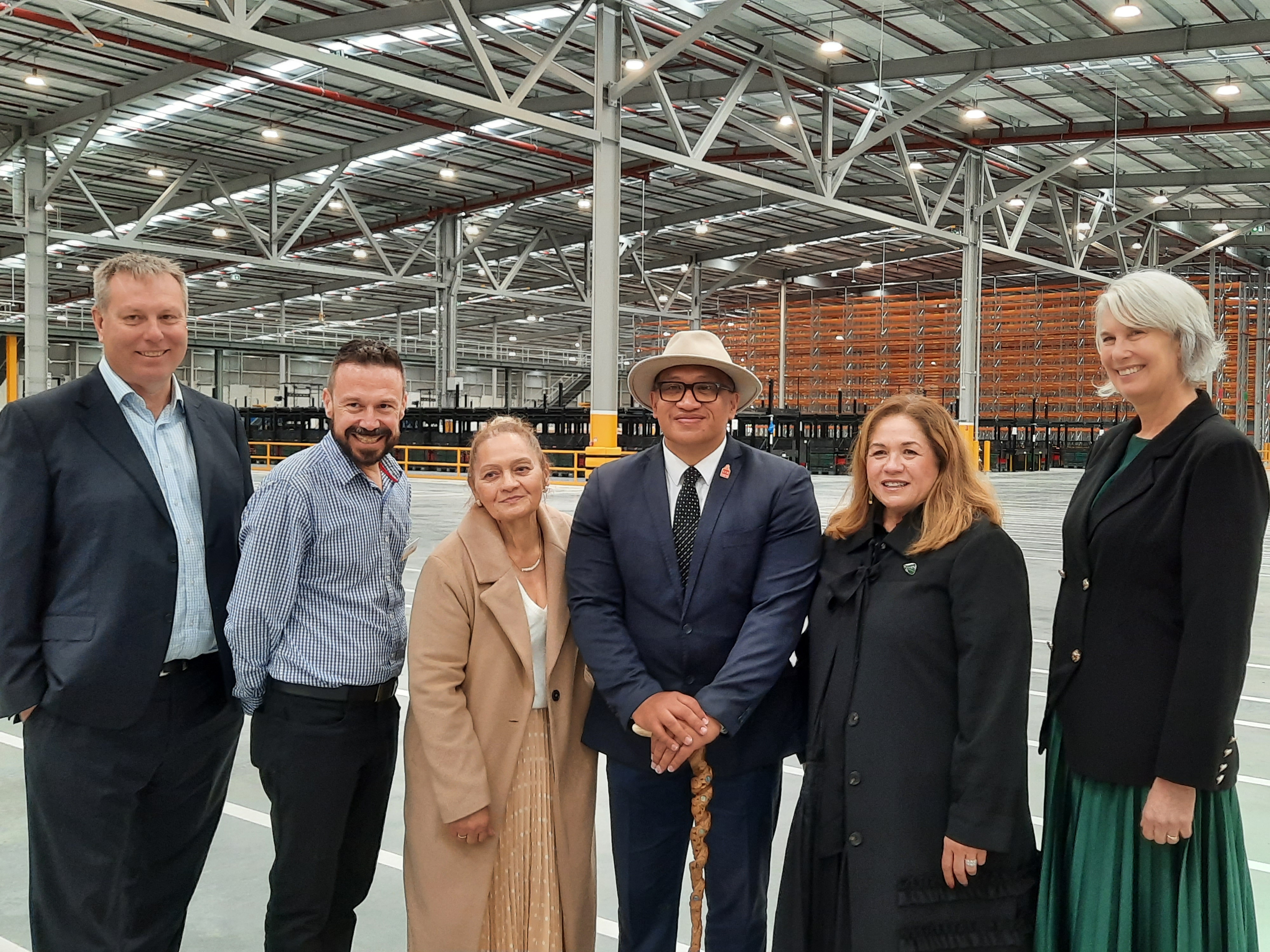 Pictured at the Kmart Distribution Centre Ruakura Superhub in 2023 are Tainui Group Holdings chief executive Chris Joblin (left), Kmart chief executive John Gualtieri, Heeni Katipa representing Kīngi Tūheitia, Tumuaki Hone Thompson, Tainui Group Holdings chairwoman Hinerangi Raumati-Tu'ua and Hamilton's mayor at the time, Paula Southgate. Photo / Danielle Zollickhofer
