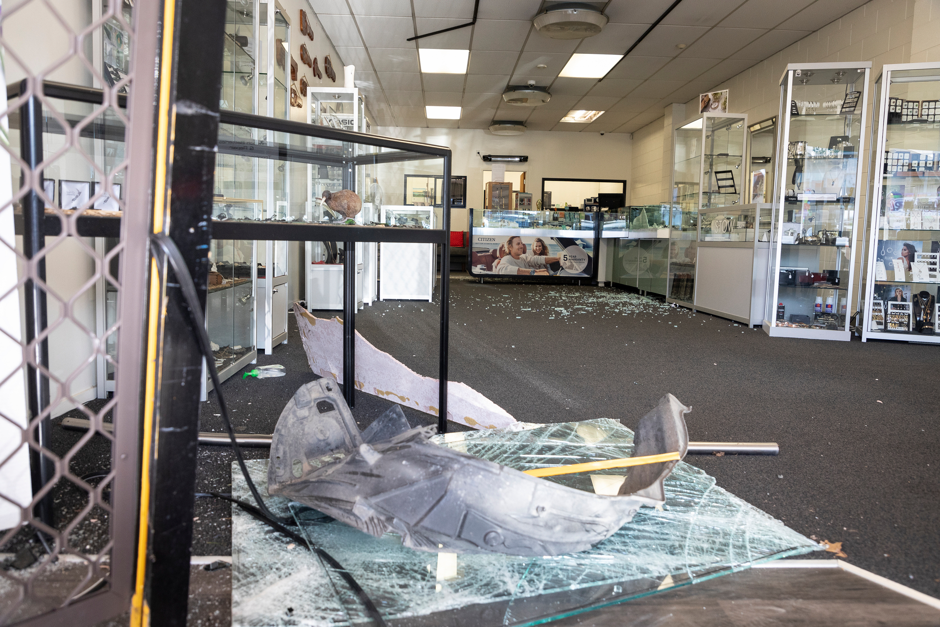 The smashed store after the ram raid. Photo / Andrew Warner