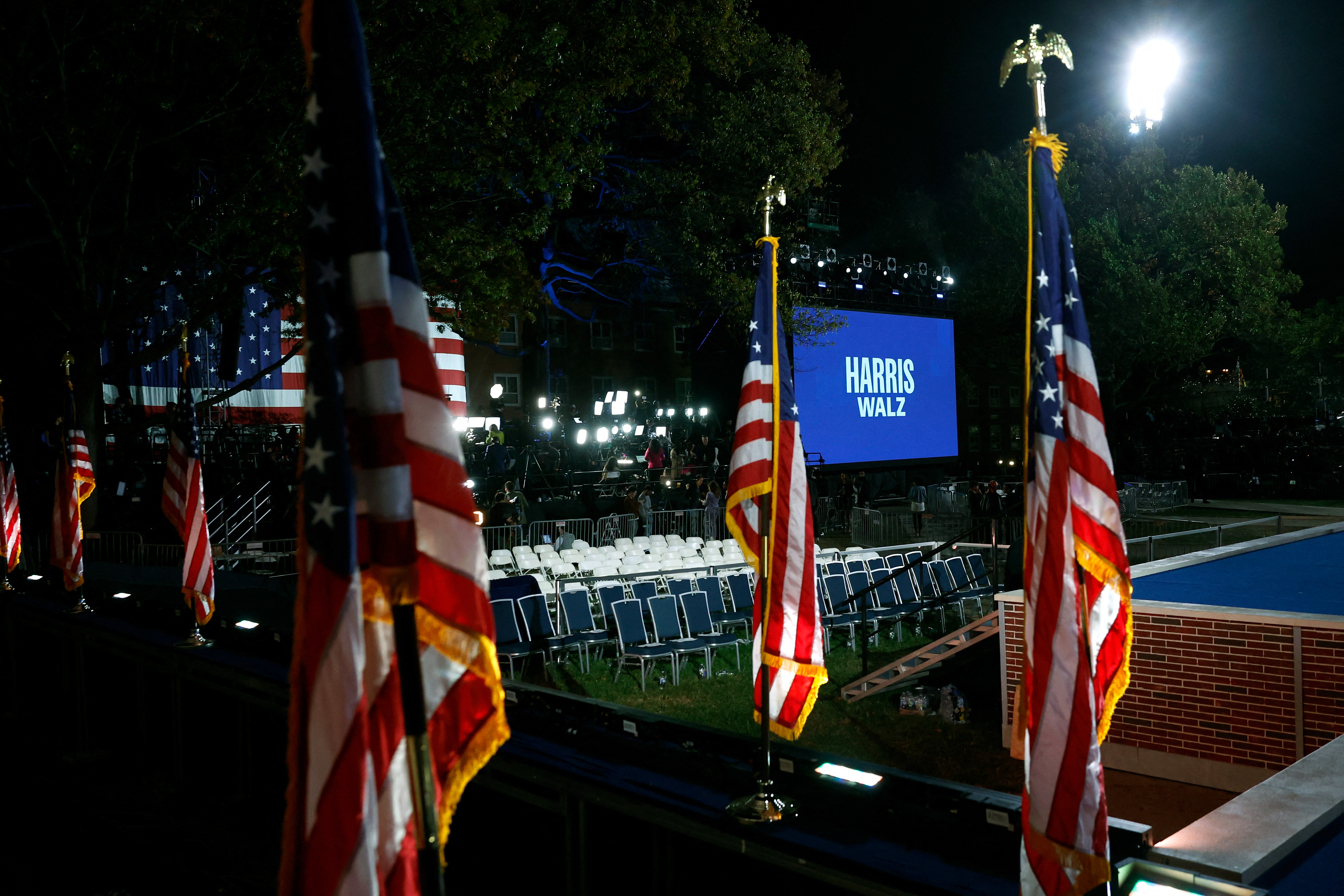 Empty seats are seen at the election night watch party for Kamala Harris at Howard University in Washington, DC. Photo / AFP