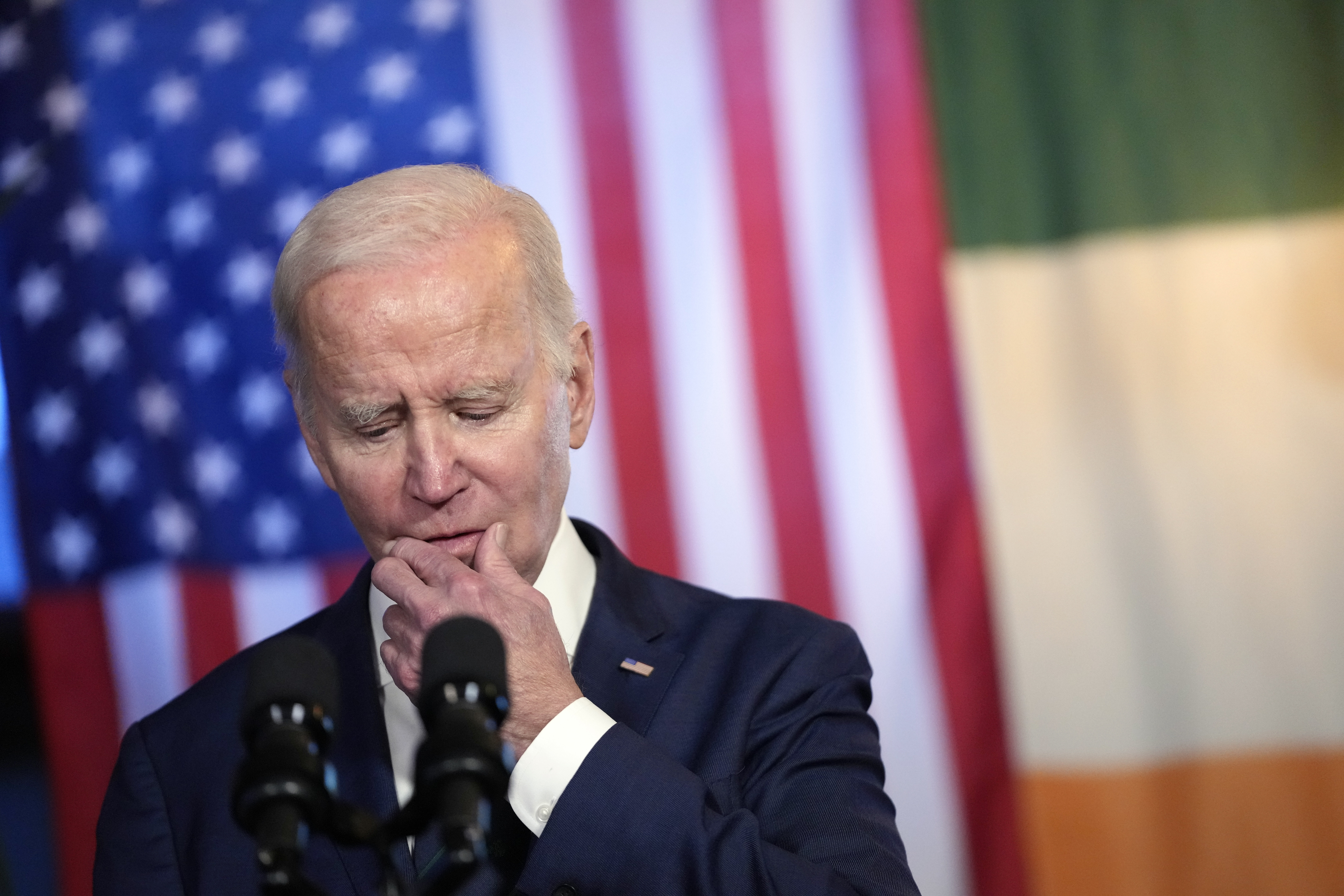 President Joe Biden pauses as he speaks at the Windsor Bar and Restaurant in Dundalk, Ireland. Photo / AP
