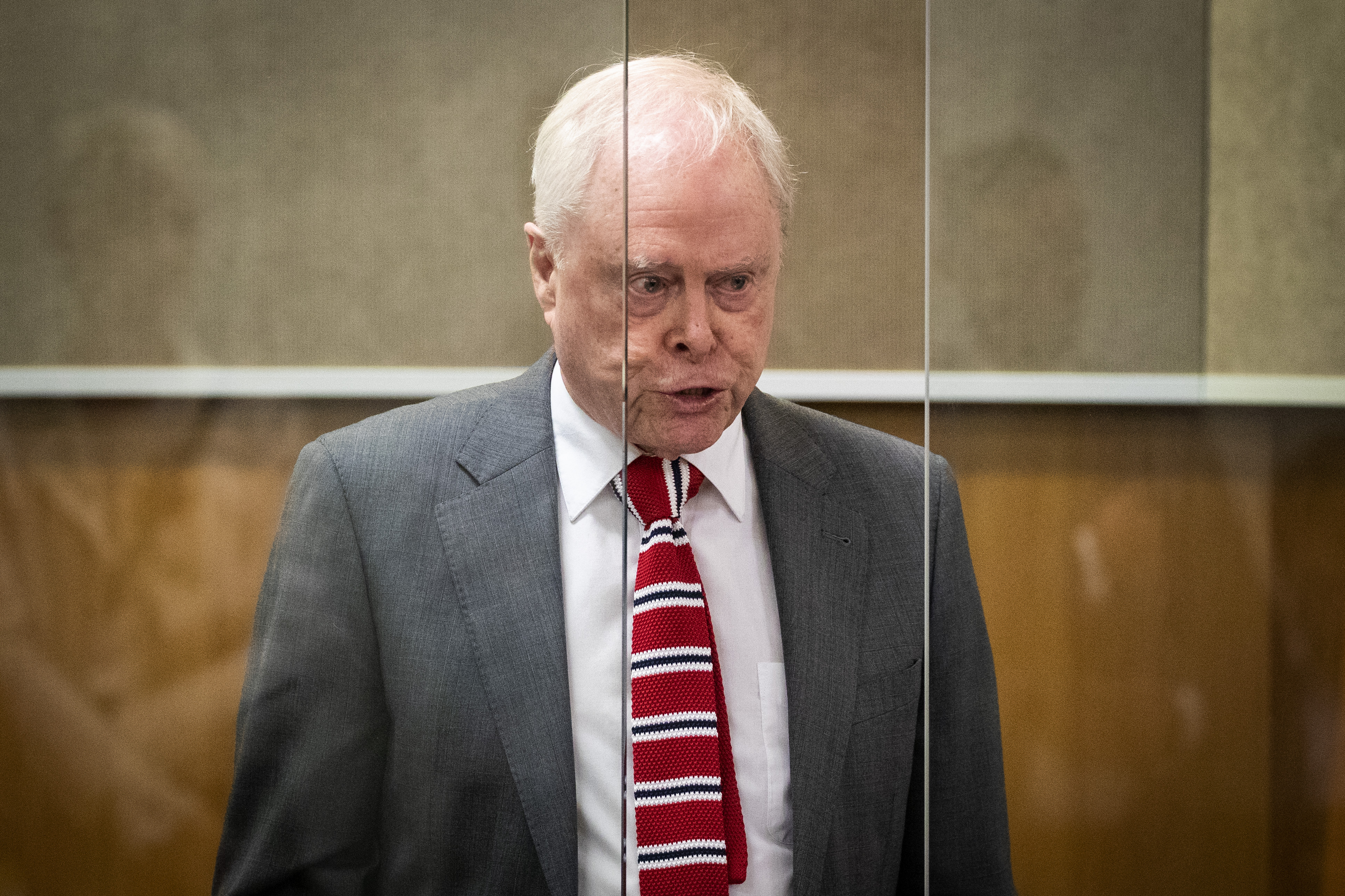 Sir James Wallace declares his innocence in the Auckland District Court in March 2019. Photo / Jason Oxenham