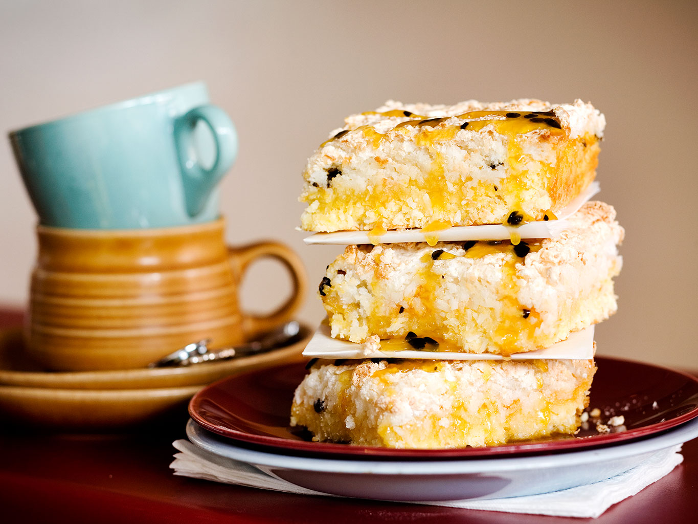 Gluten-free coconut and passionfruit slice. Photo / Babiche Martens.
