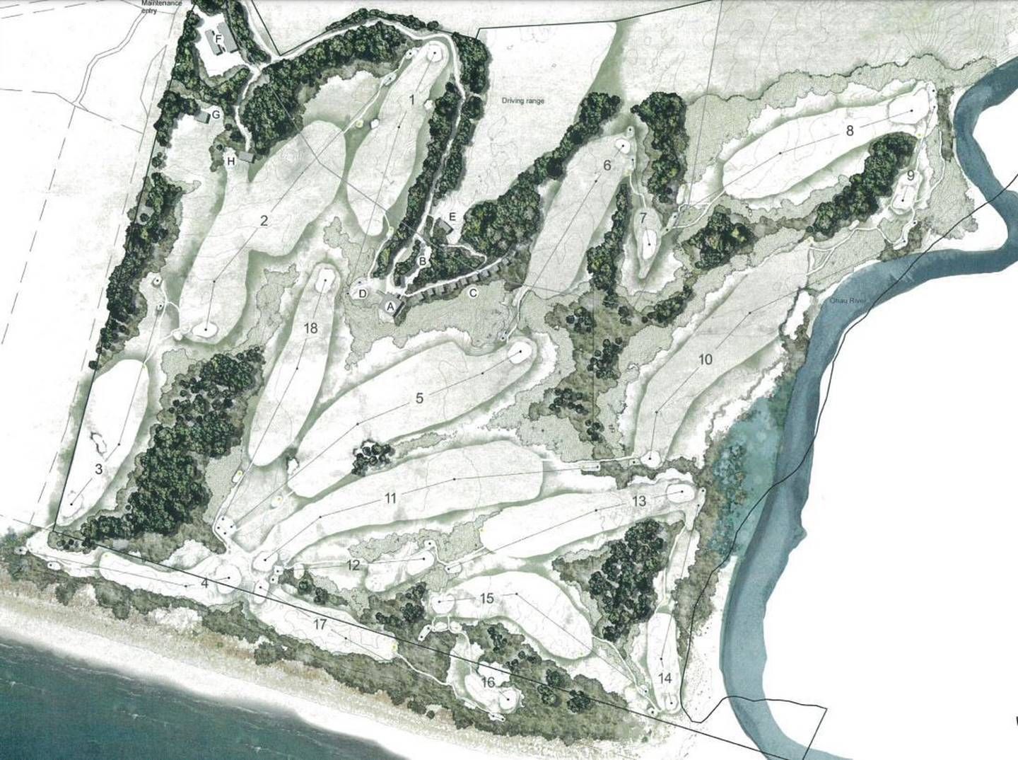 An aerial view of the original Douglas Links golf course plans, showing the Ohau River to the right and the Tasman Sea to the west.