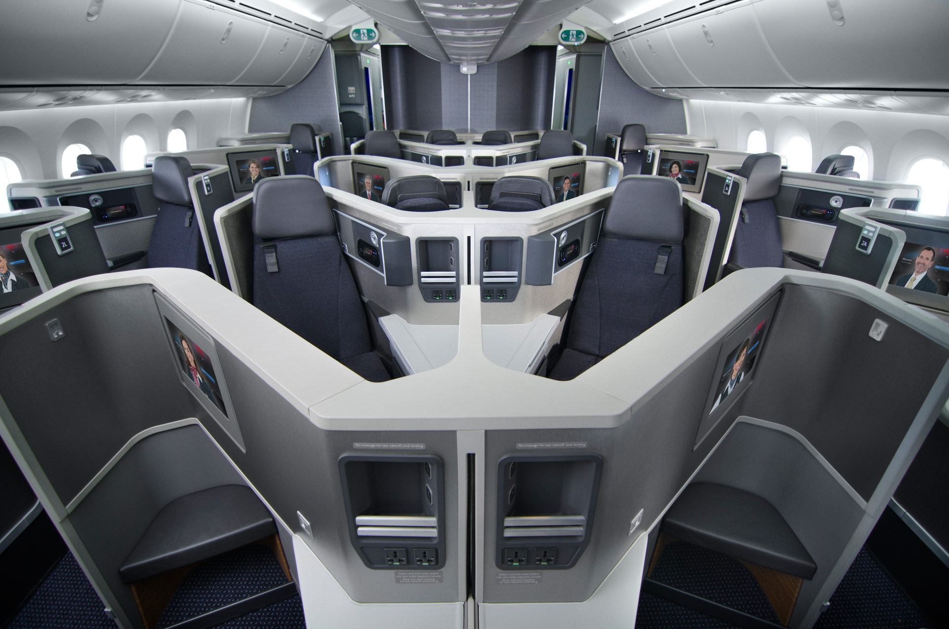 Inside the business class cabin of an American Airlines Dreamliner.  Photo / Supplied
