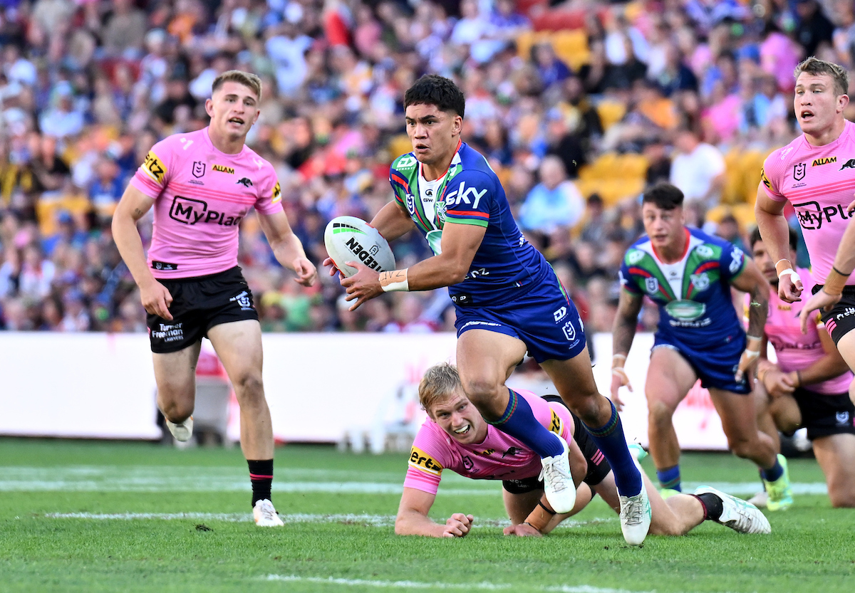 Taine Tuaupiki, seen here in action against the Panthers last season when he famously scored the match-winning try, continues to shine, scoring two tries for the Warriors against the Storm in Saturday's impressive pre-season trial win. Photo / Photosport