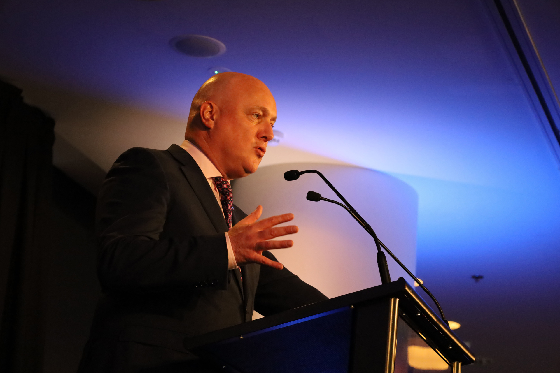 National Party leader Christopher Luxon speaking at Eden Park last month. Photo / Jed Bradley.