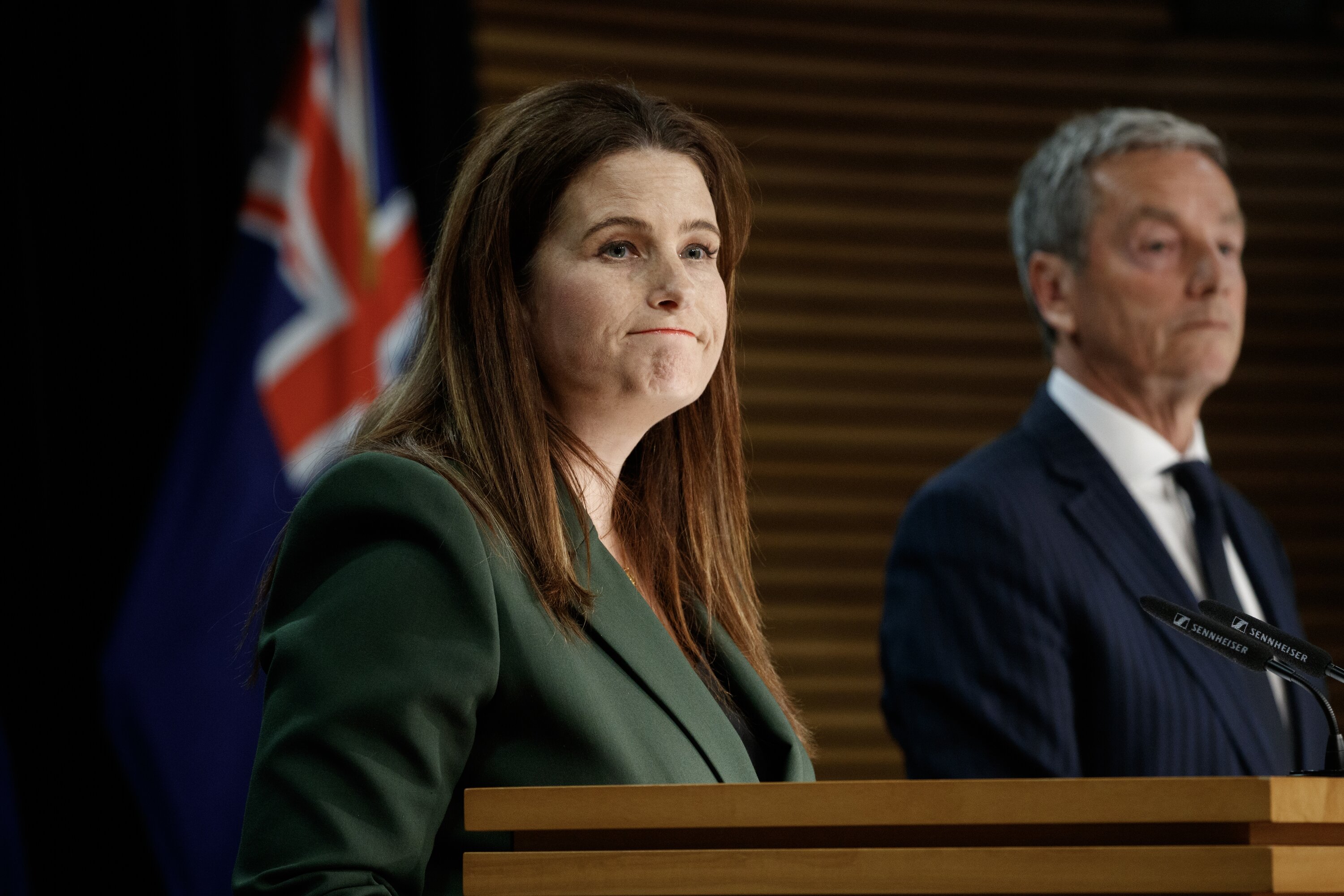 Finance Minister Nicola Willis and Commerce and Consumer Affairs Minister Andrew Bayly respond to the Commerce Commission’s banking market study. Photo / Mark Mitchell 