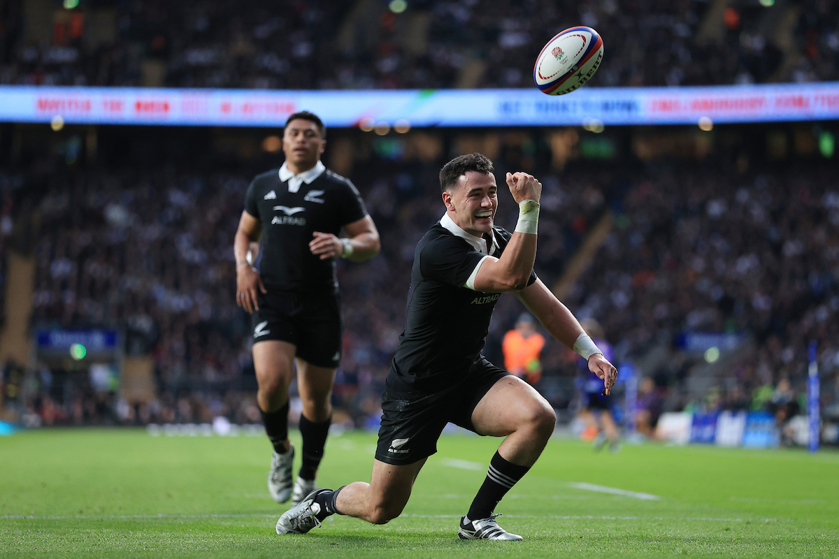 Will Jordan celebrates his try against England at Twickeham. Photo / Photosport