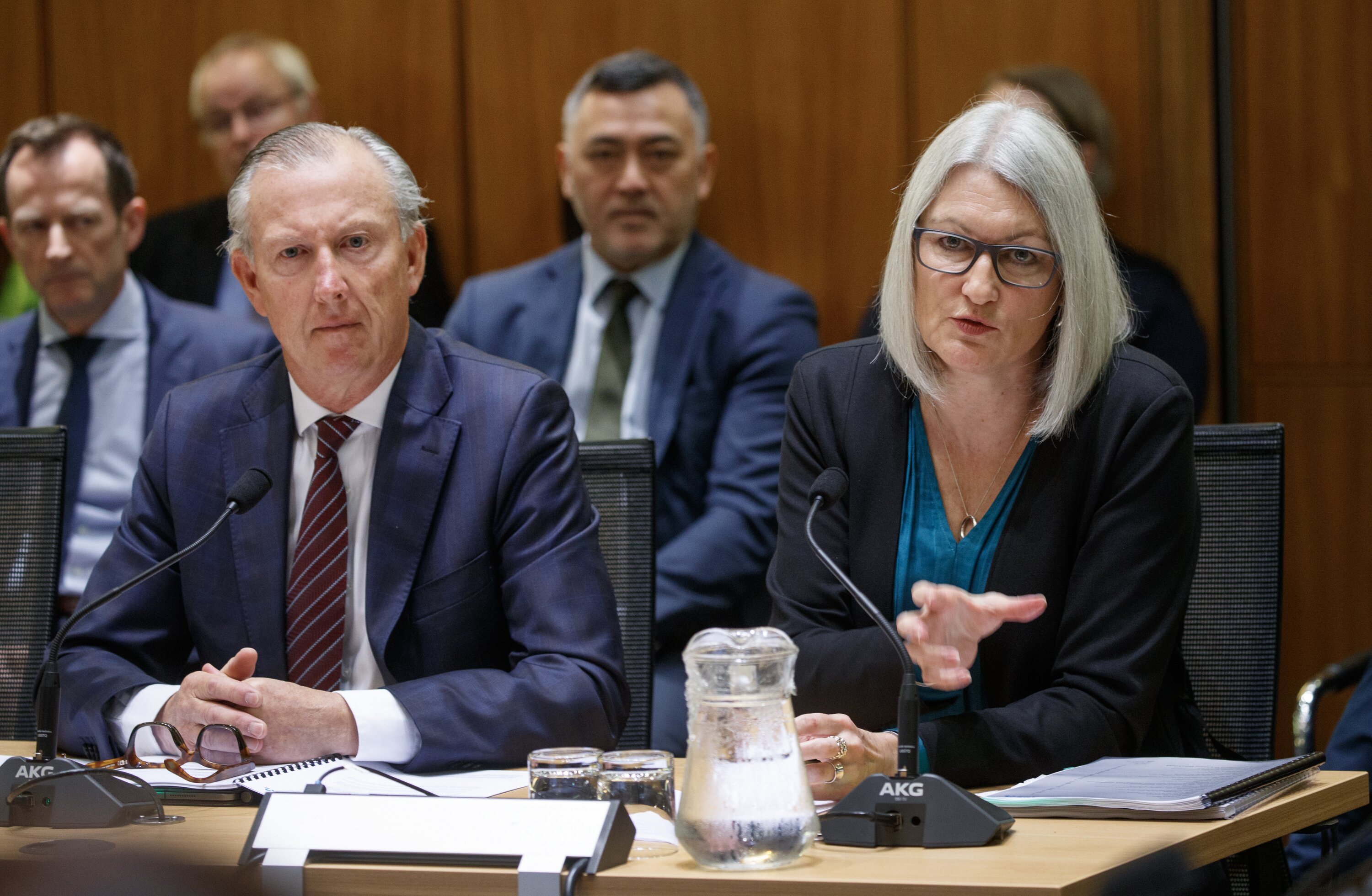 ANZ NZ chairman Scott St John (left) and chief executive Antonia Watson answering questions at the inquiry into banking sector competition. Photo / Mark Mitchell