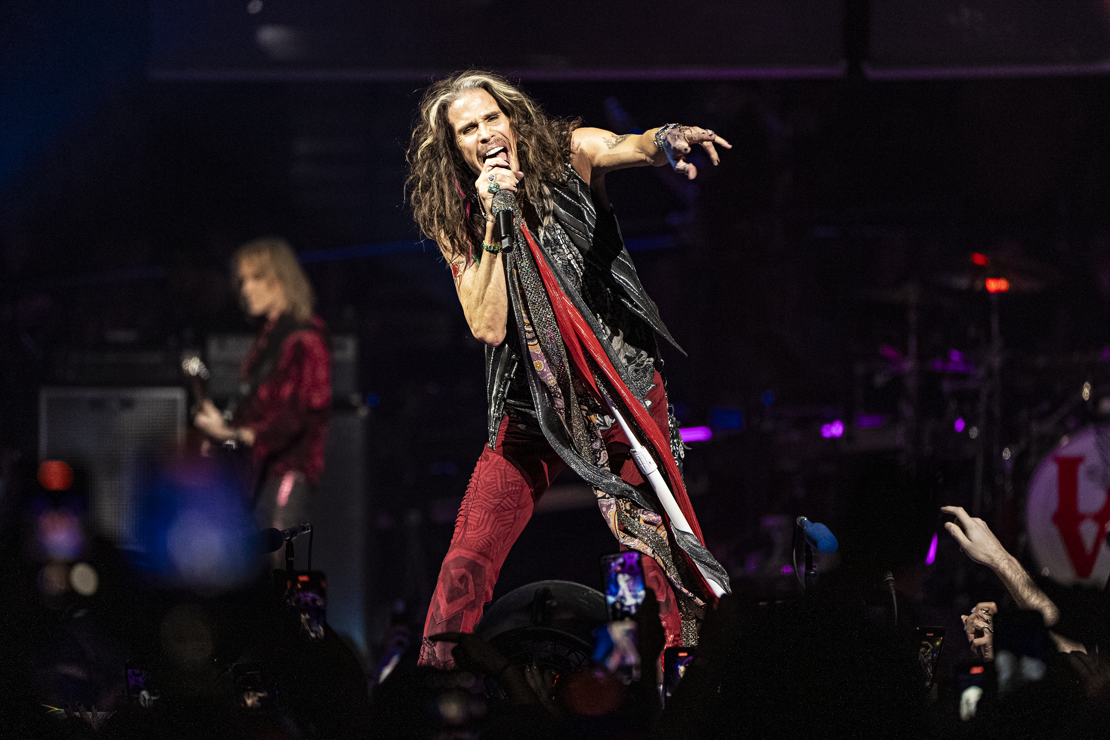 Steven Tyler of Aerosmith performs during night one of their Peace Out: The Farewell Tour on Saturday, September 2 this year at Wells Fargo Center in Philadelphia. Photo / AP