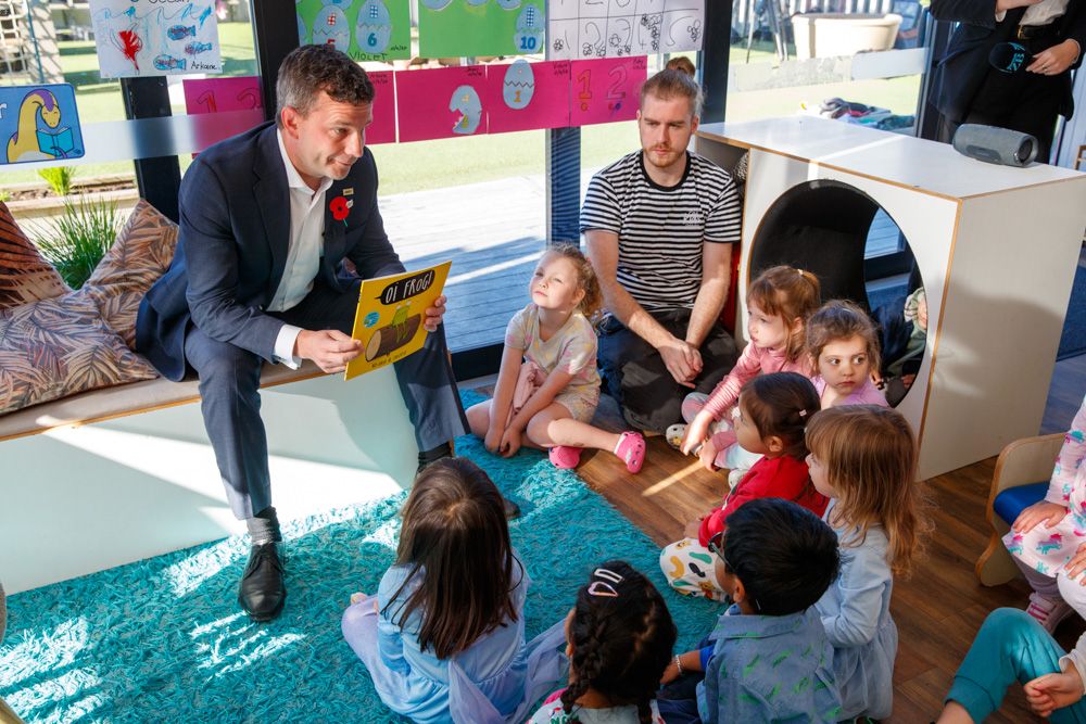 Associate Education Minister David Seymour, pictured during a visit to Co Kids in Wellington on April 16, says the PPTA's opposition to charter schools stems from self-interest. Photo / Mark Mitchell
