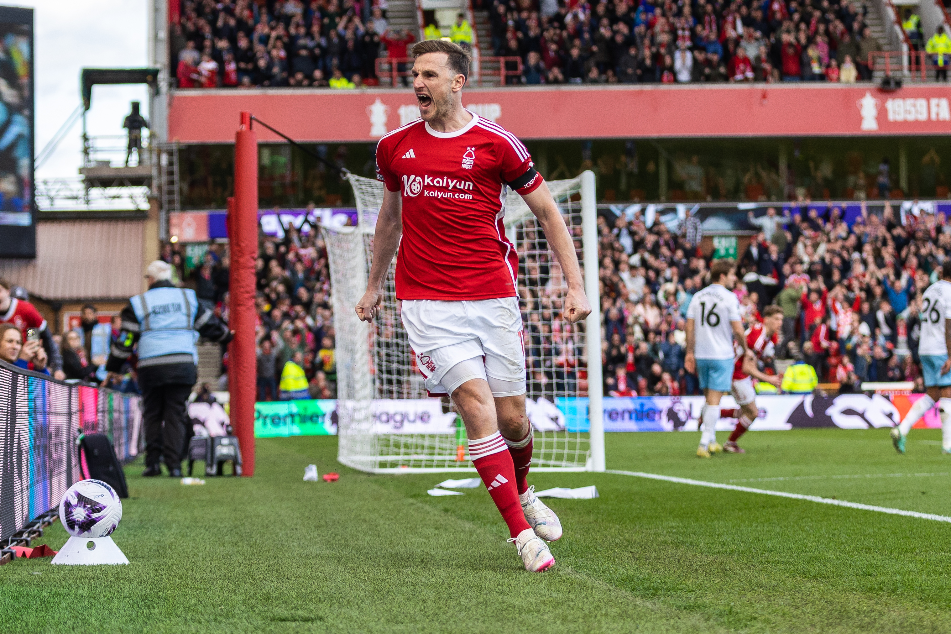 Chris Wood celebrates after scoring against Crystal Palace in March. Photo / Getty Images