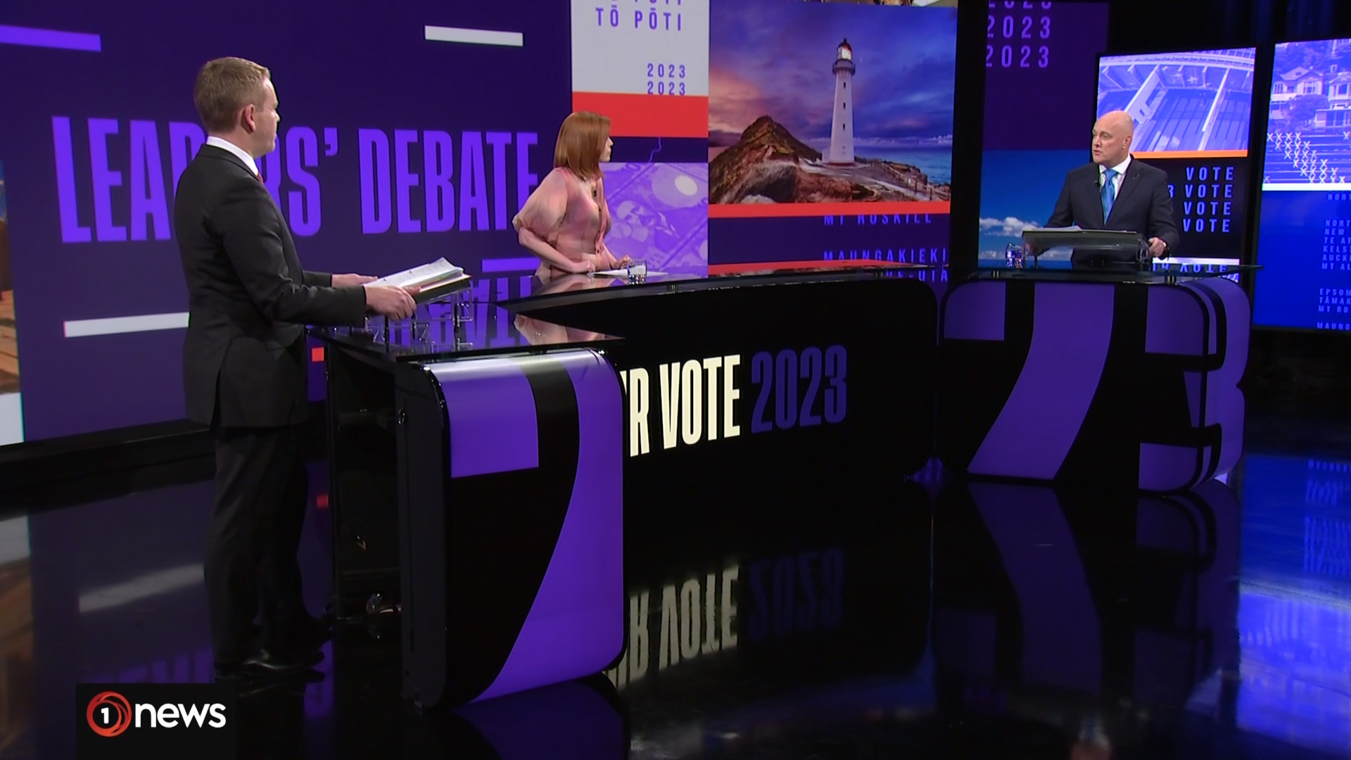Chris Hipkins and Christopher Luxon during the debate. Photo / TVNZ