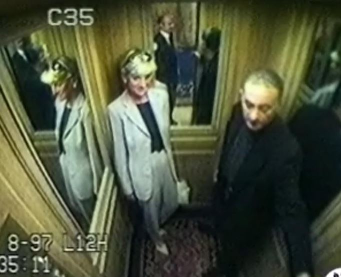 Video surveillance footage of Diana, Princess of Wales with partner Dodi Al Fayed, in the lift of the Ritz Hotel on August 30 1997. Photo / Supplied
