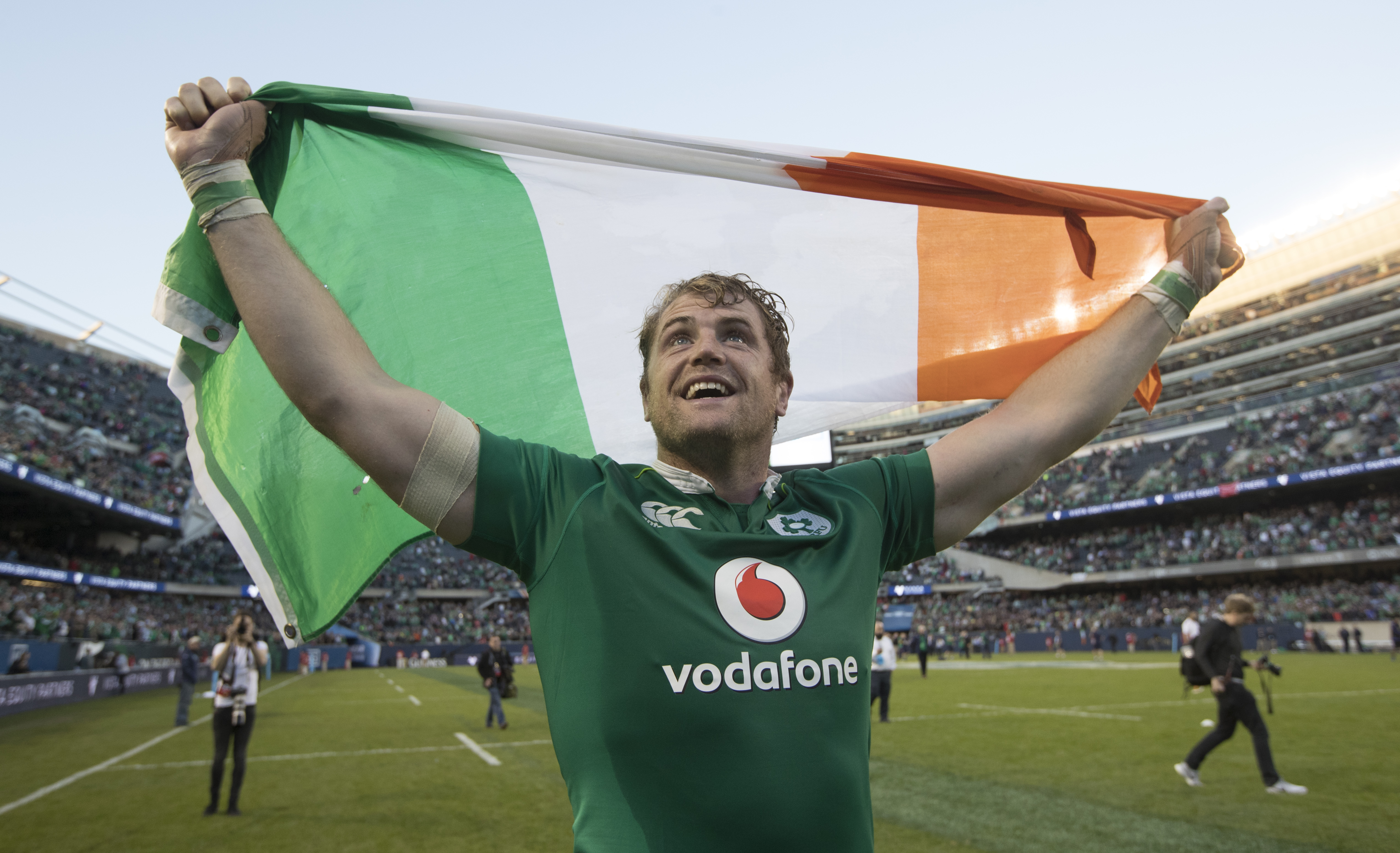 Ireland No.8 Jamie Heaslip celebrates their win against the All Blacks during the test match between the New Zealand All Blacks and Ireland. Photo / Brett Phibbs.