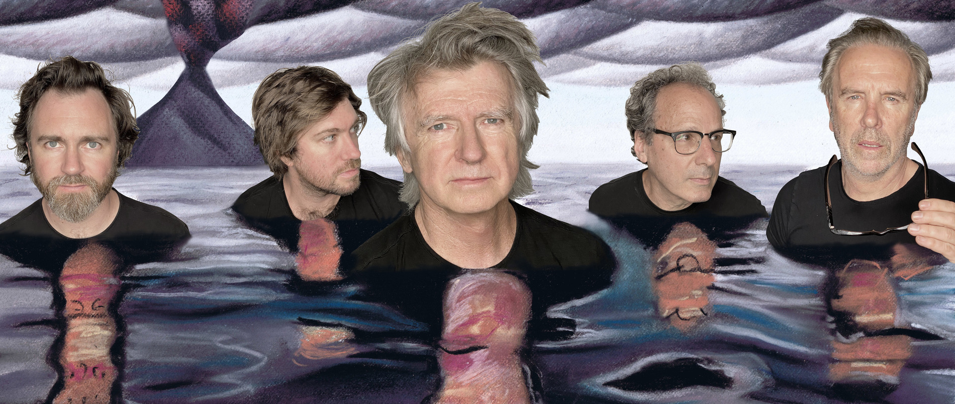 The new look Crowded House. From left: Liam Finn, Elroy Finn, Neil Finn, Mitchell Froom and Nick Seymour.