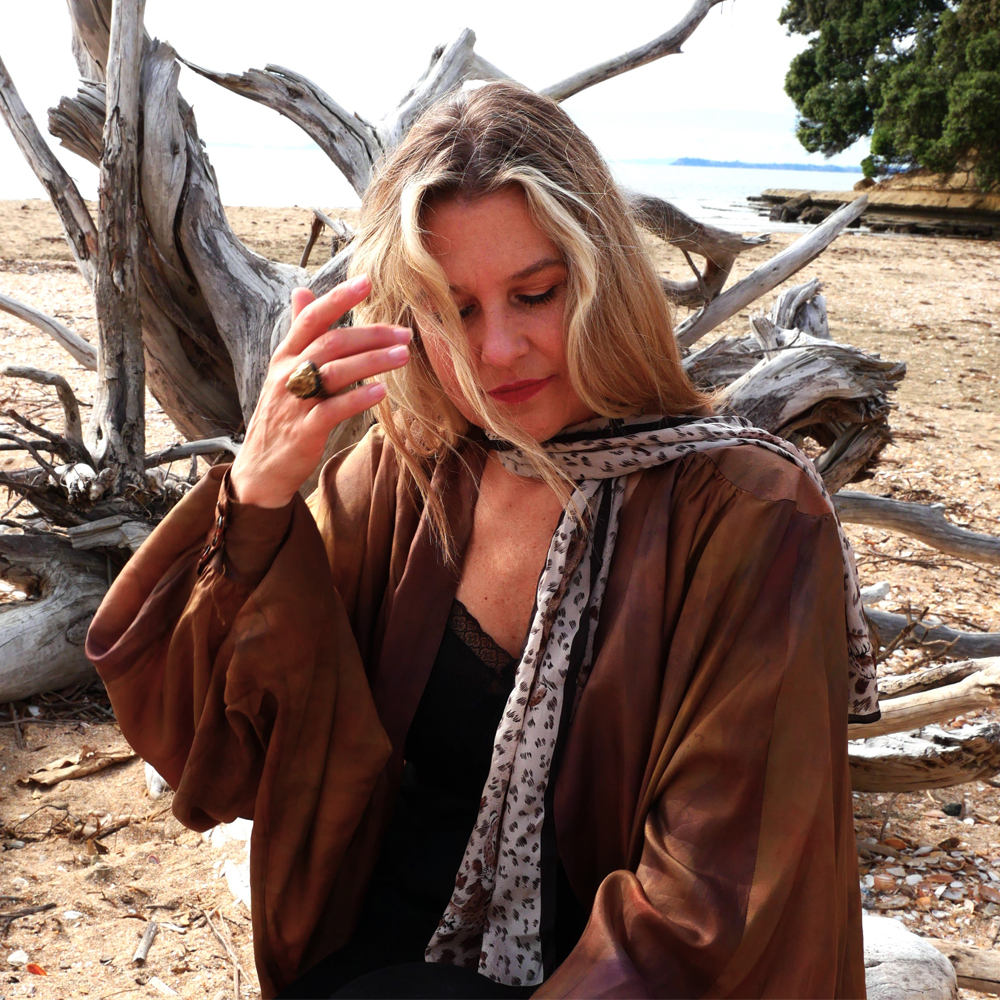Stephanie wearing her mother's silk leopard scarf.