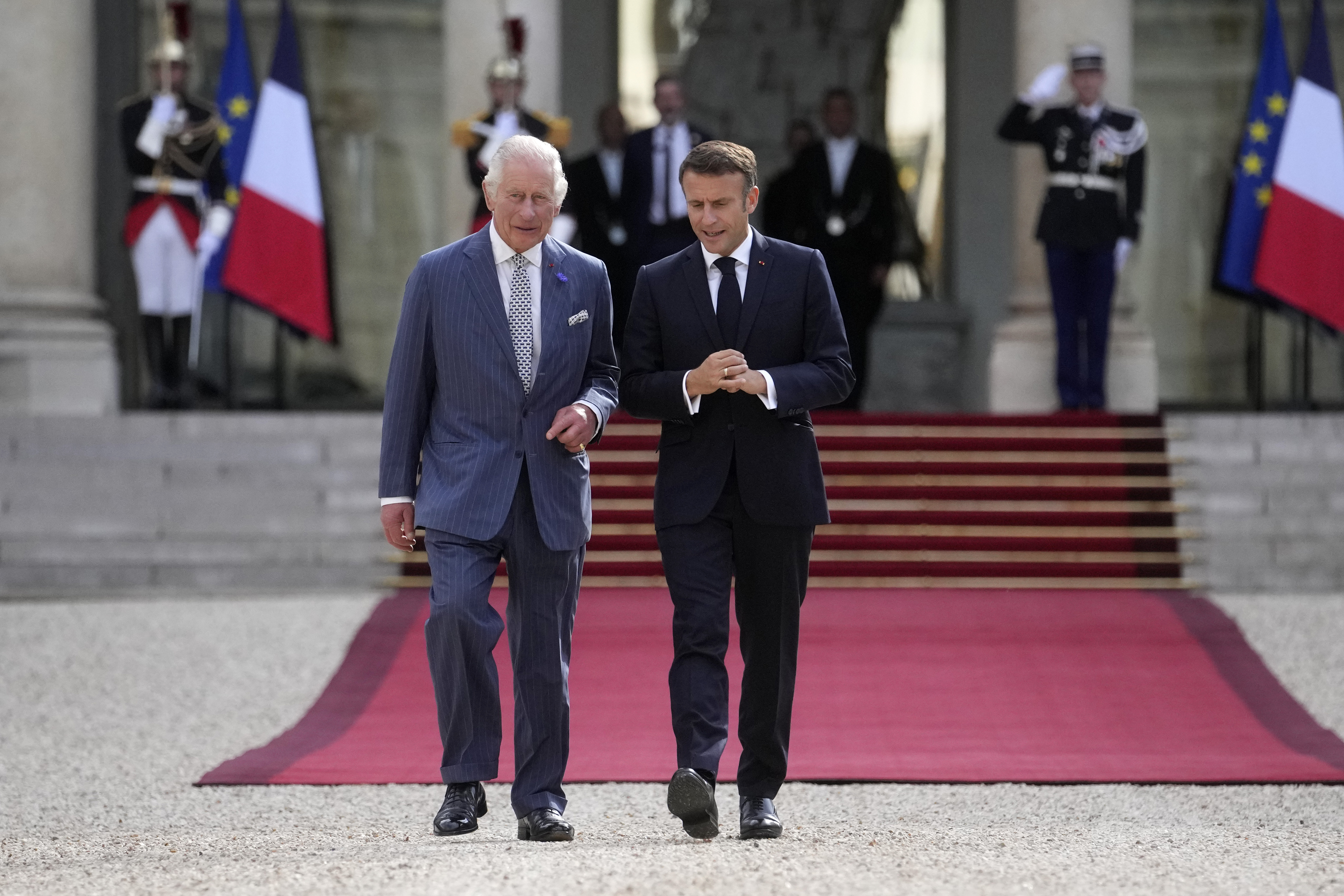 King Charles with French President Emmanuel Macron during a state visit to France in September. Photo / AP