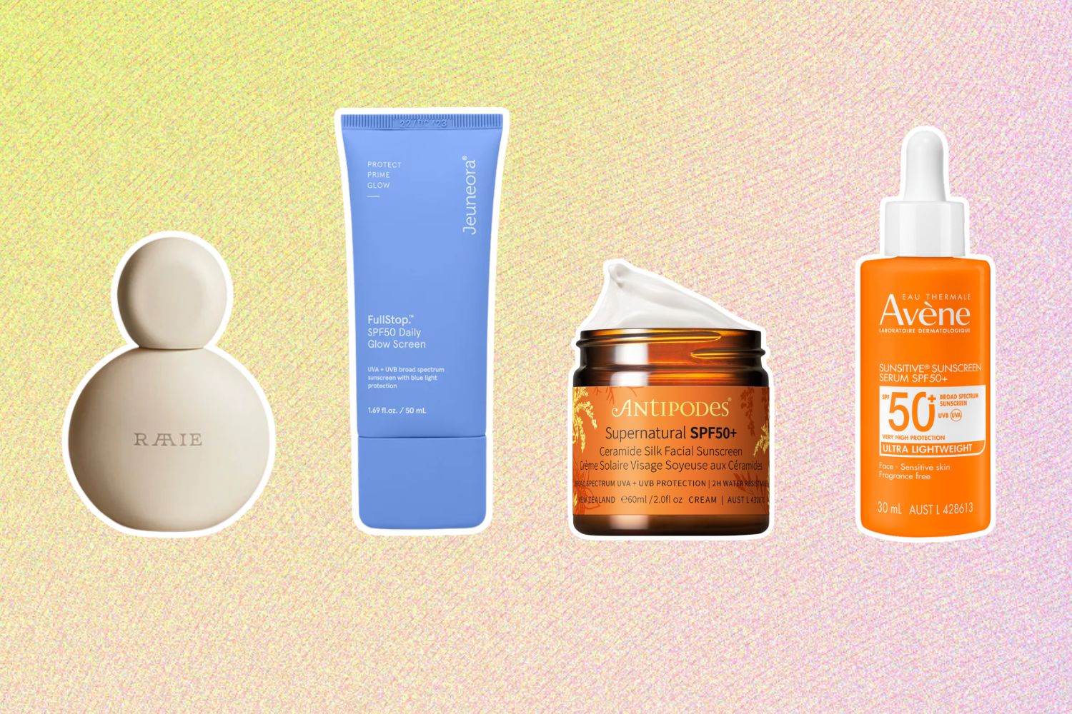 From left: Raaie Sun Milk Drops SPF50+; Jeuneora FullStop SPF50+; Antipodes Supernatural SPF50+ Ceramide Silk Facial Sunscreen; Avene Sunsitive SPF50.